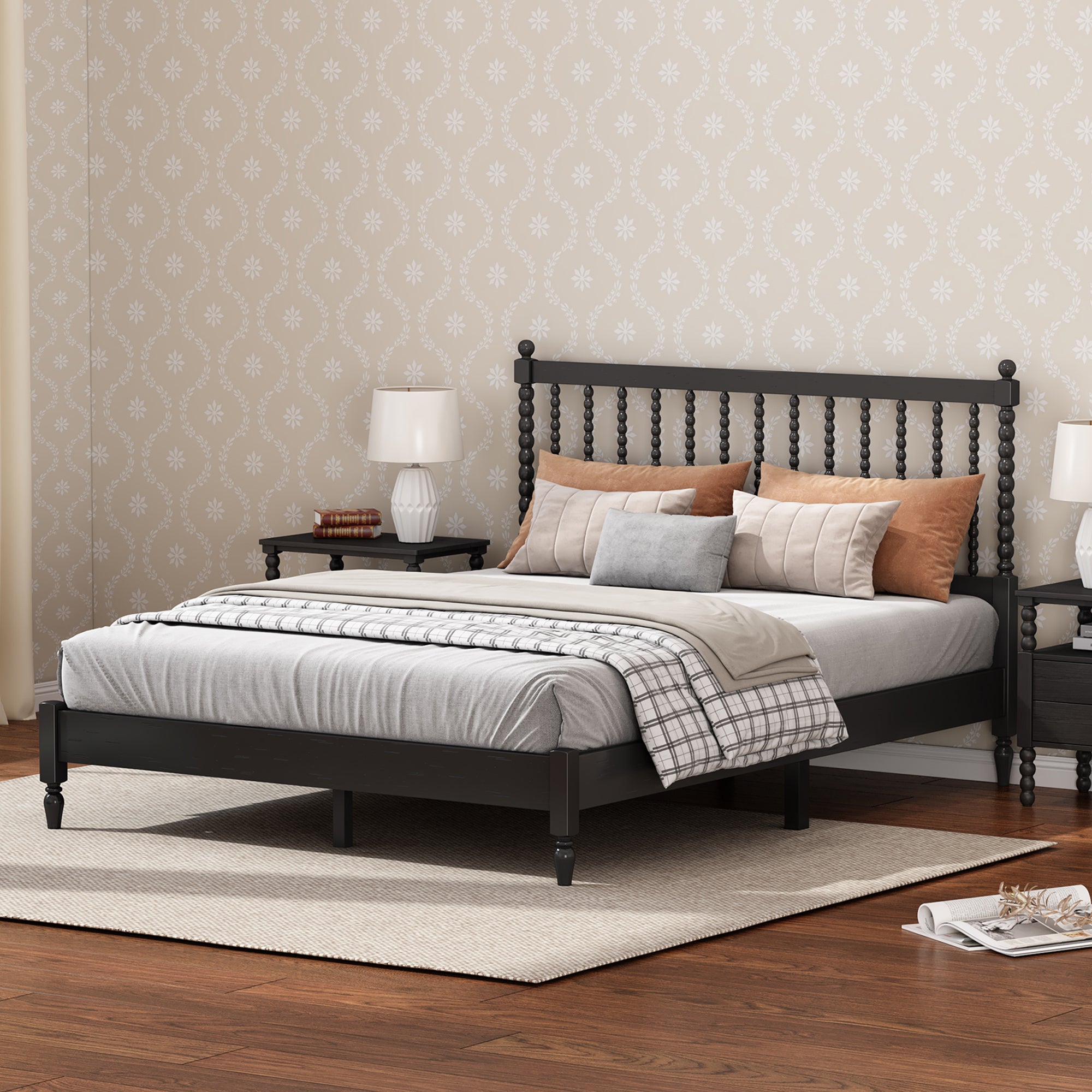 Queen Size Wood Platform Bed with Gourd Shaped Headboard