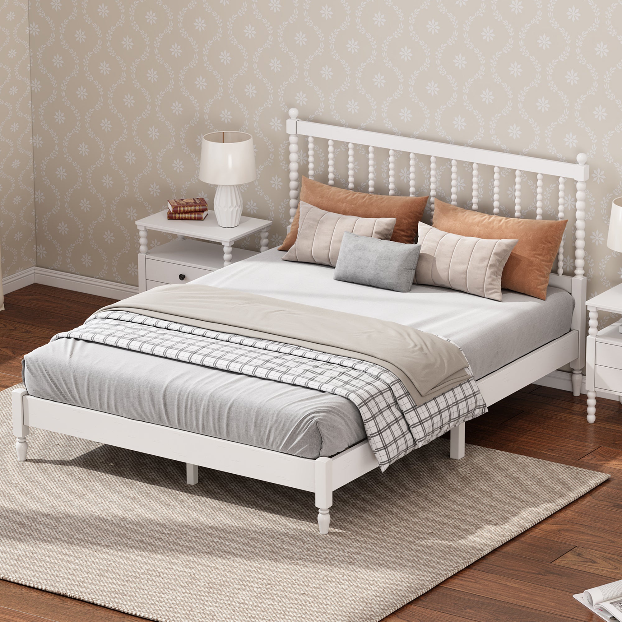 Queen Size Wood Platform Bed with Gourd Shaped Headboard