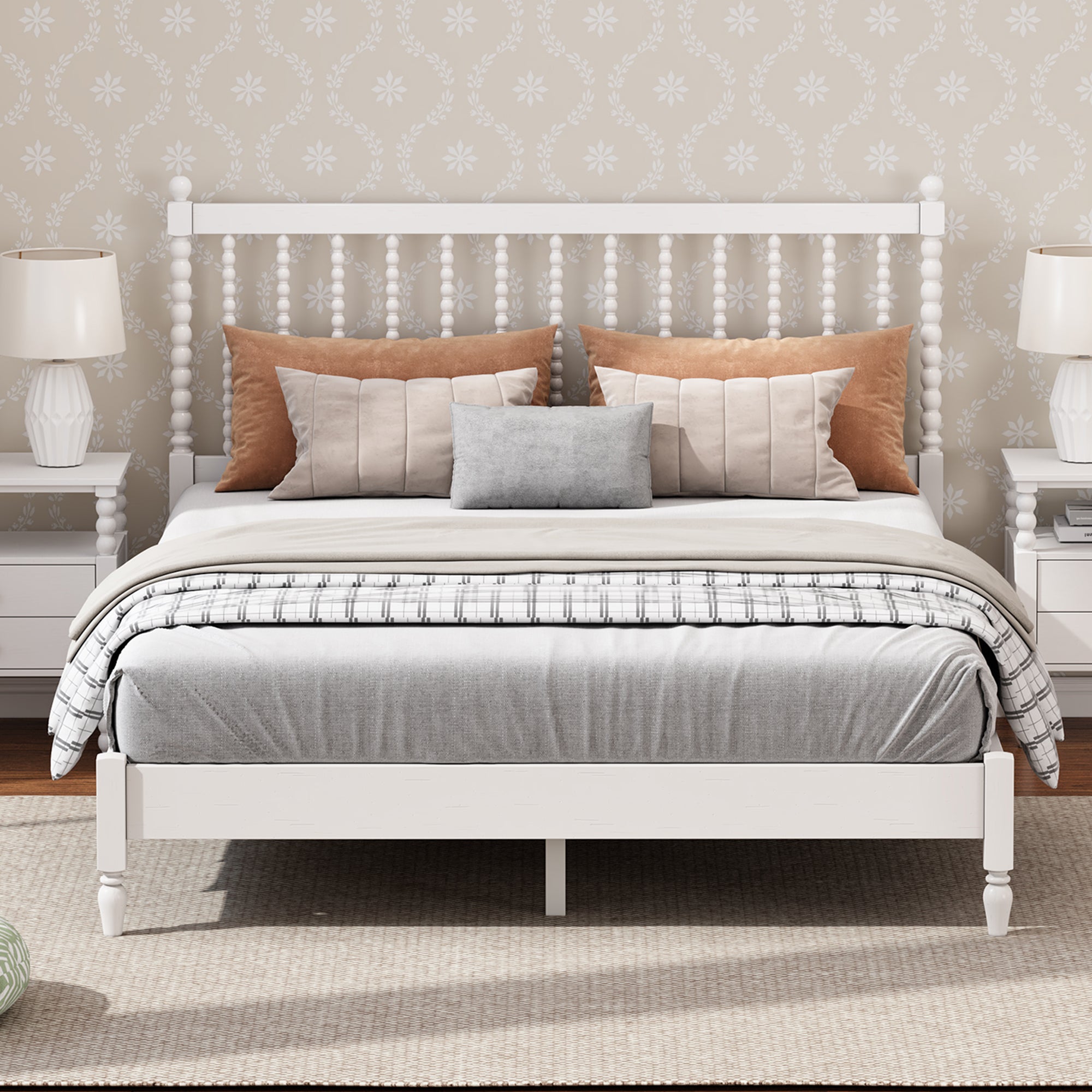 Queen Size Wood Platform Bed with Gourd Shaped Headboard
