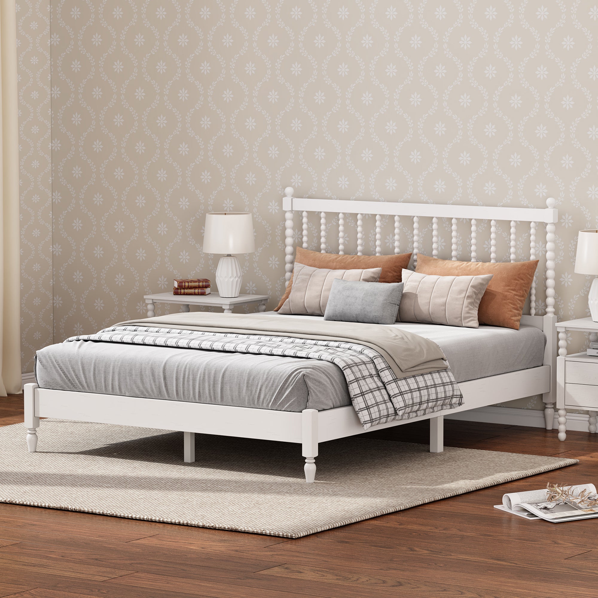 Queen Size Wood Platform Bed with Gourd Shaped Headboard