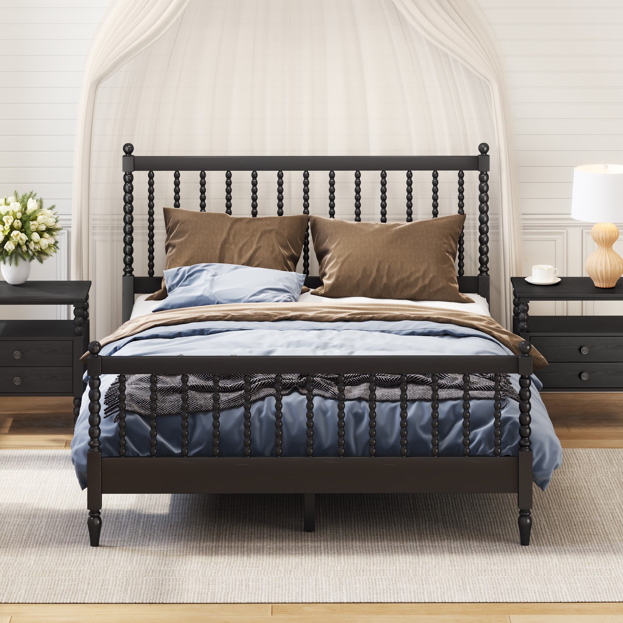 Queen Size Wood Platform Bed with Gourd Shaped Headboard and Footboard