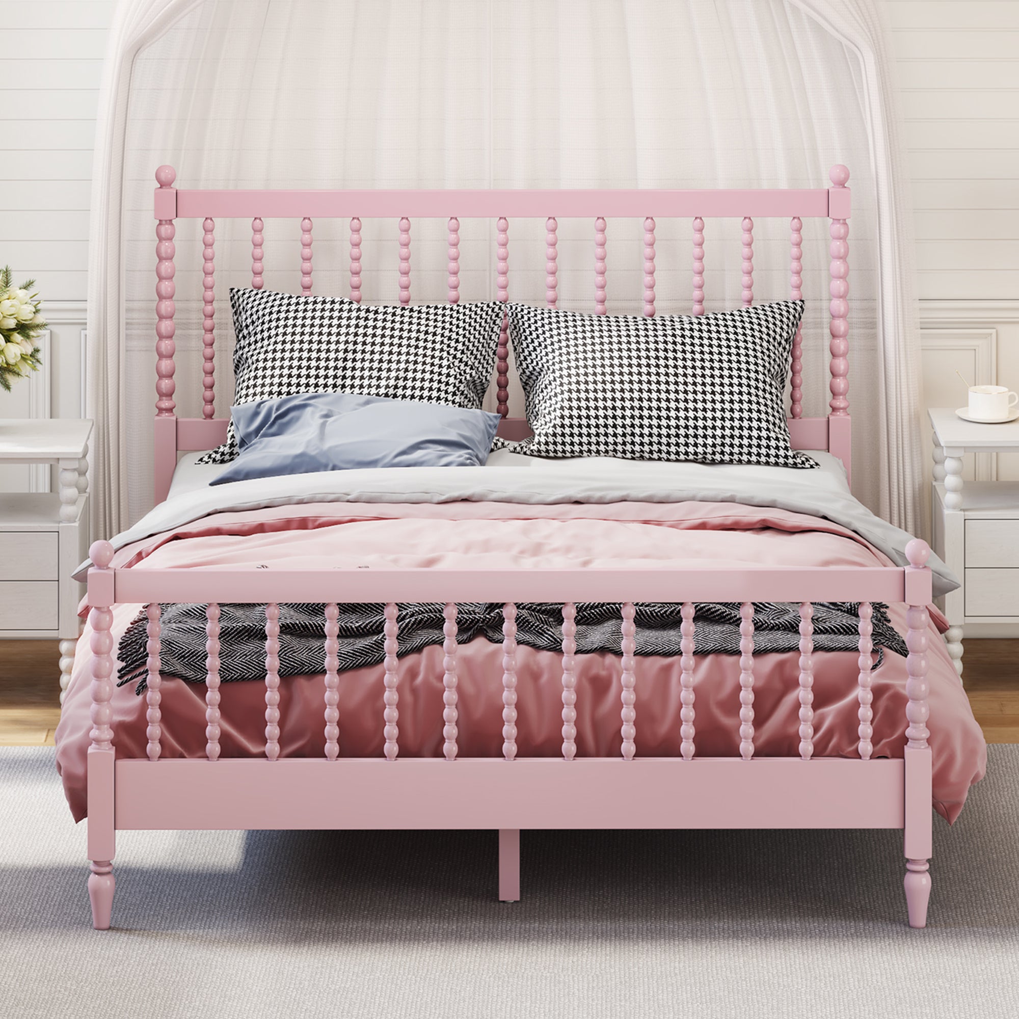 Queen Size Wood Platform Bed with Gourd Shaped Headboard and Footboard