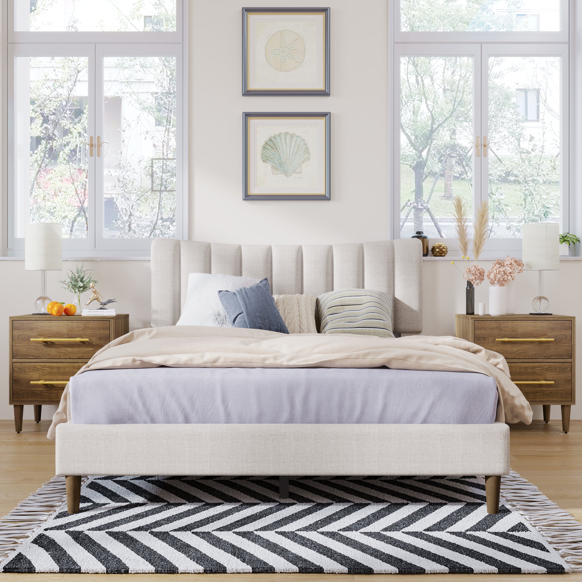 Upholstered Platform Bed Frame with Vertical Channel Tufted Headboard