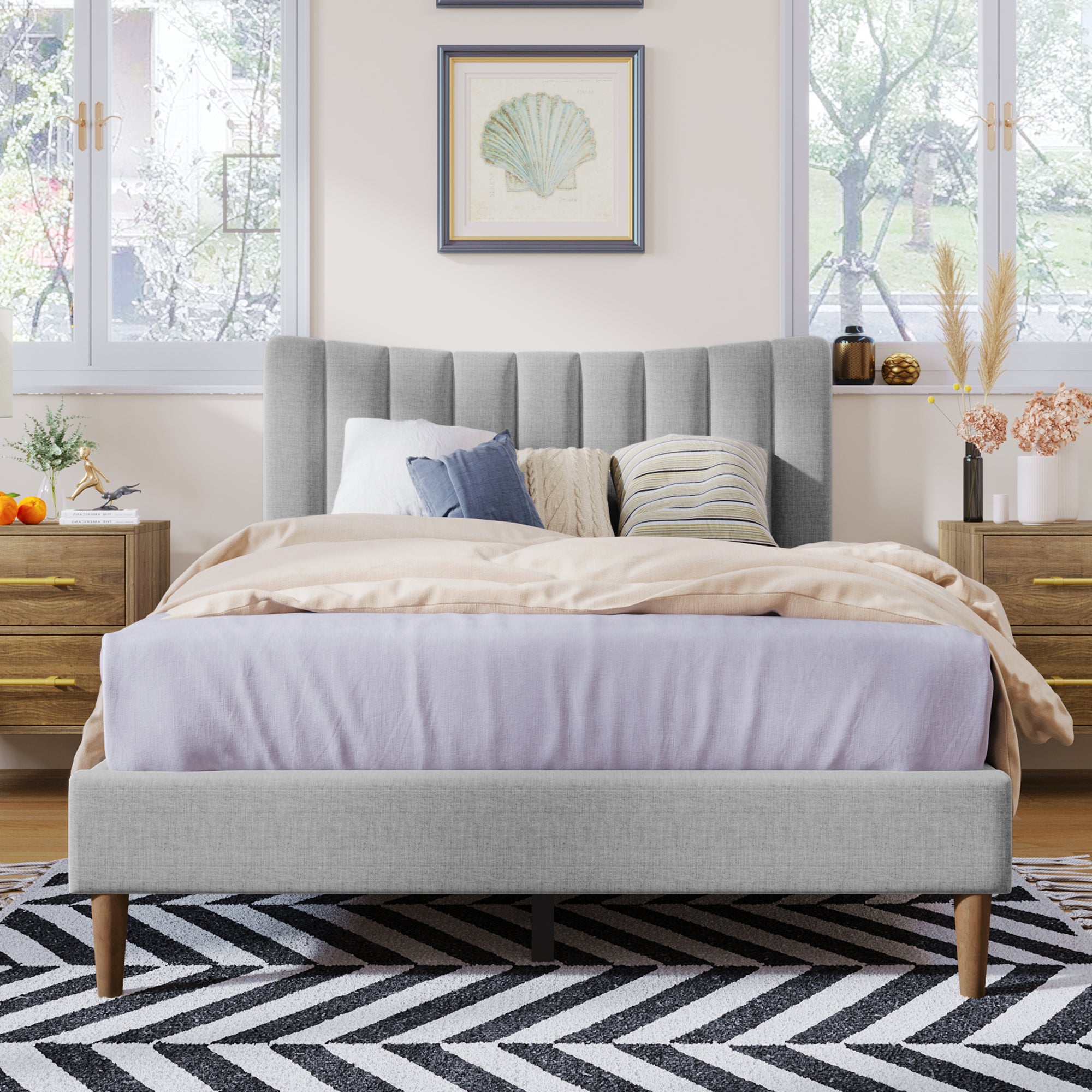 Upholstered Platform Bed Frame with Vertical Channel Tufted Headboard