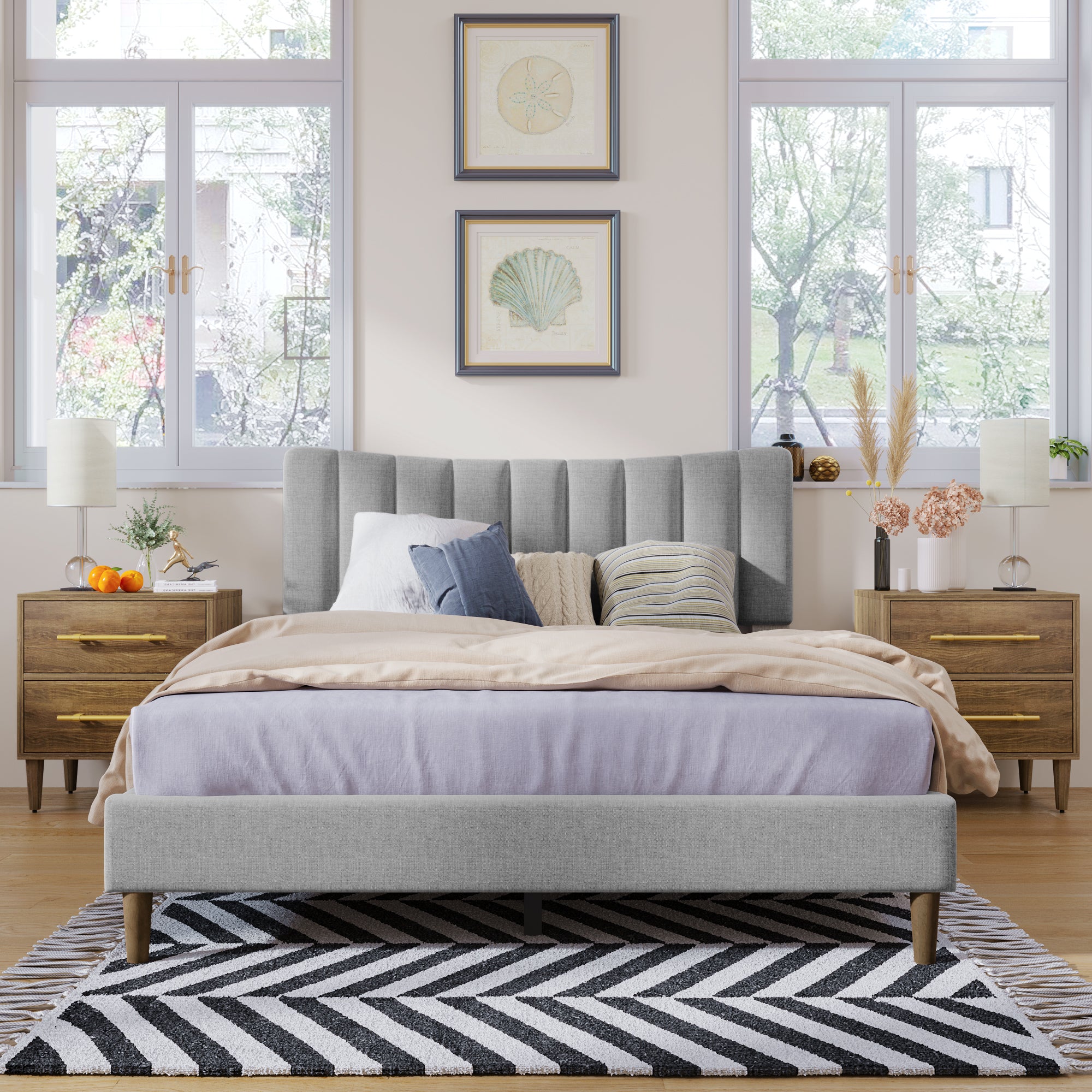 Upholstered Platform Bed Frame with Vertical Channel Tufted Headboard