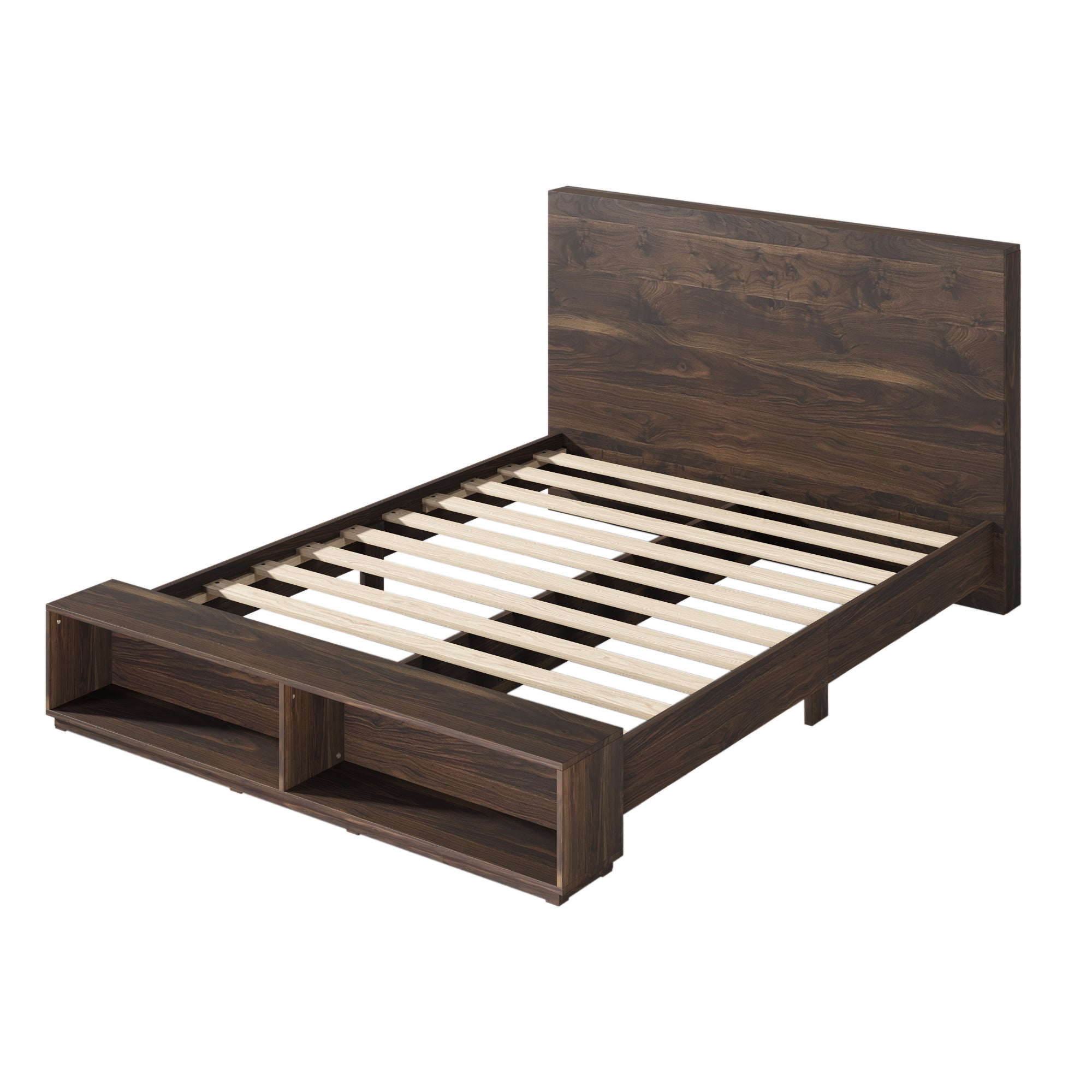 Wood Platform Bed with Storage Bench in Walnut