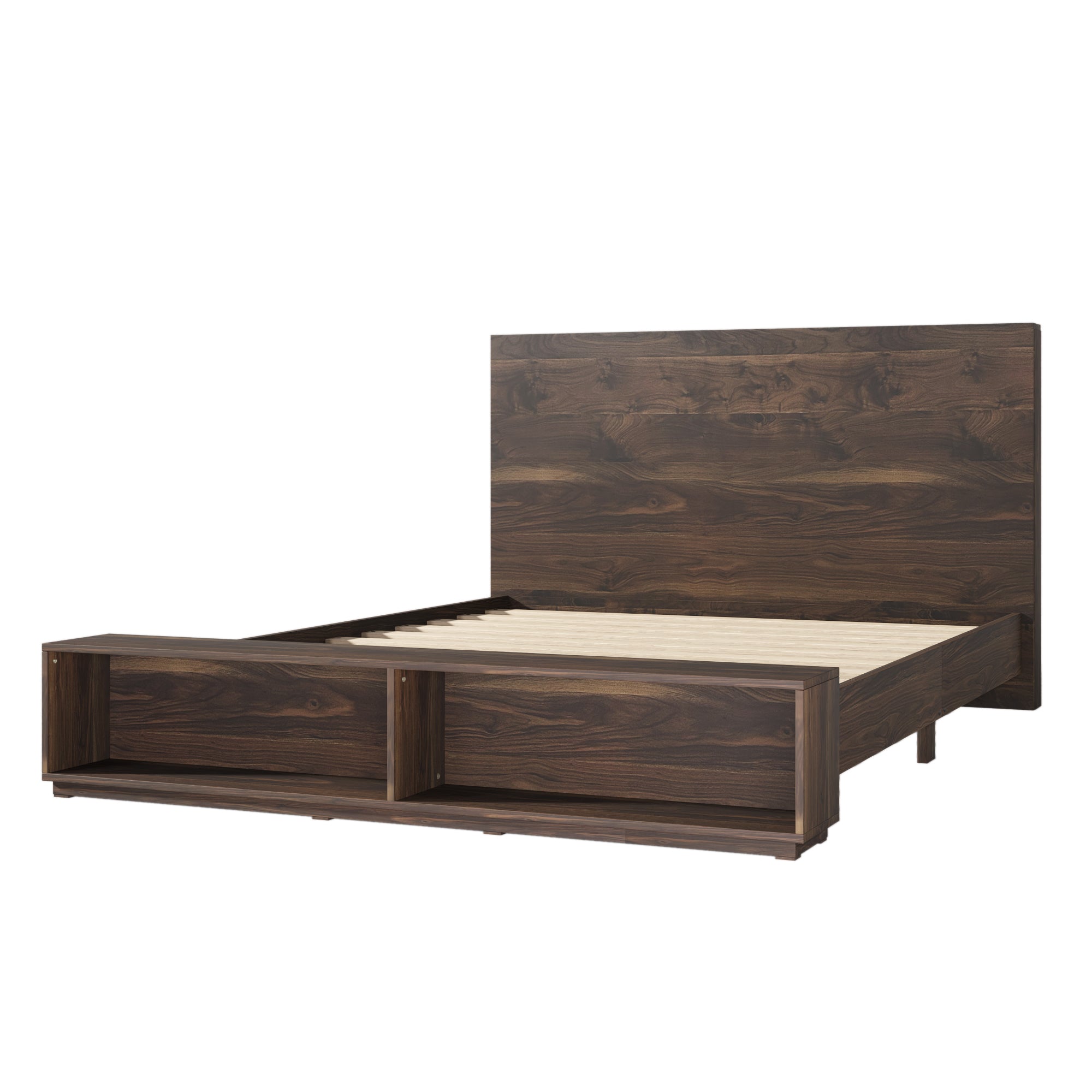 Wood Platform Bed with Storage Bench in Walnut