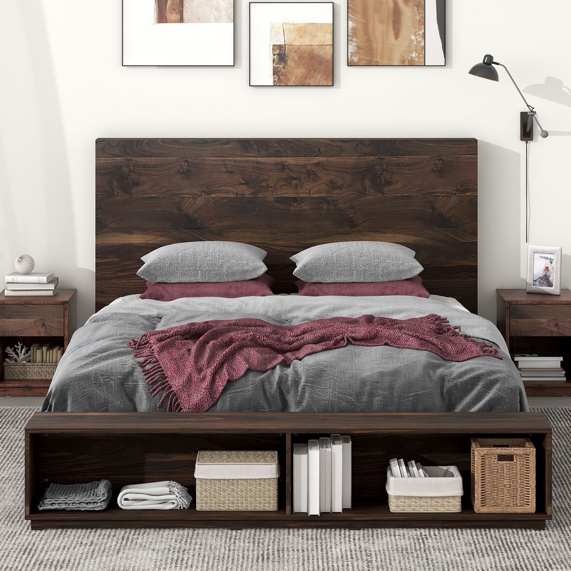 Wood Platform Bed with Storage Bench in Walnut