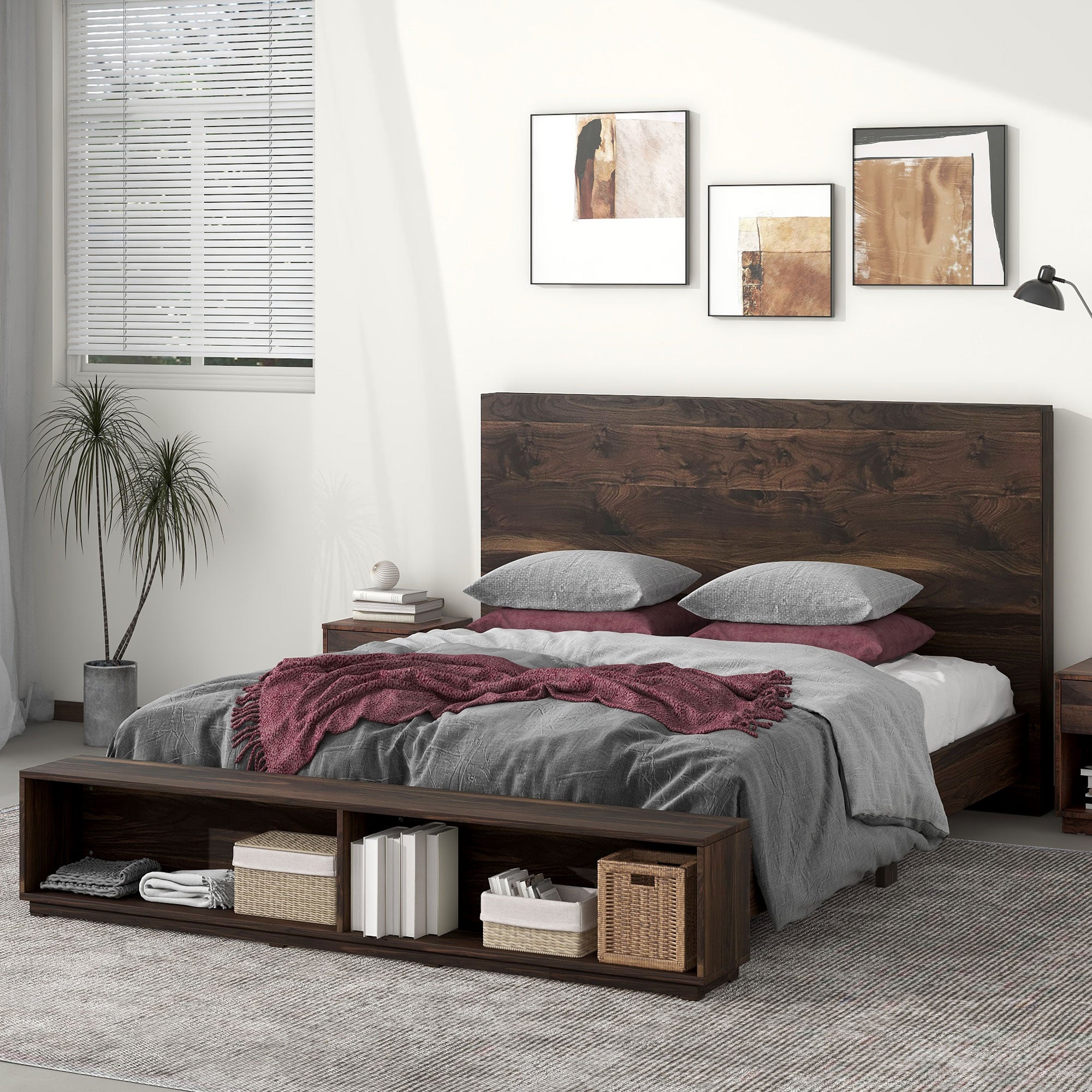 Wood Platform Bed with Storage Bench in Walnut