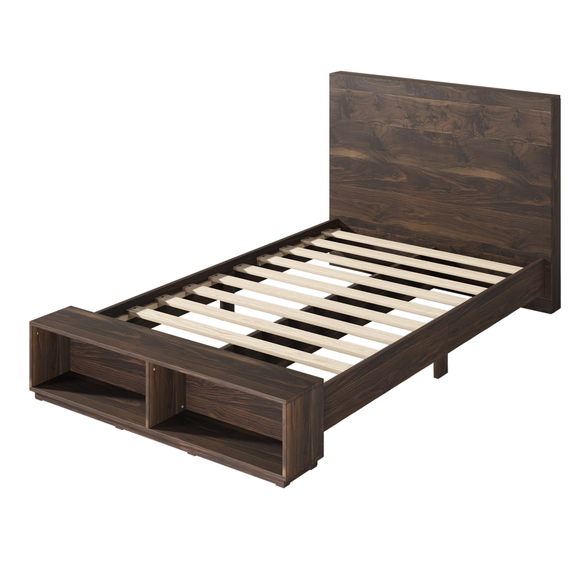 Wood Platform Bed with Storage Bench in Walnut