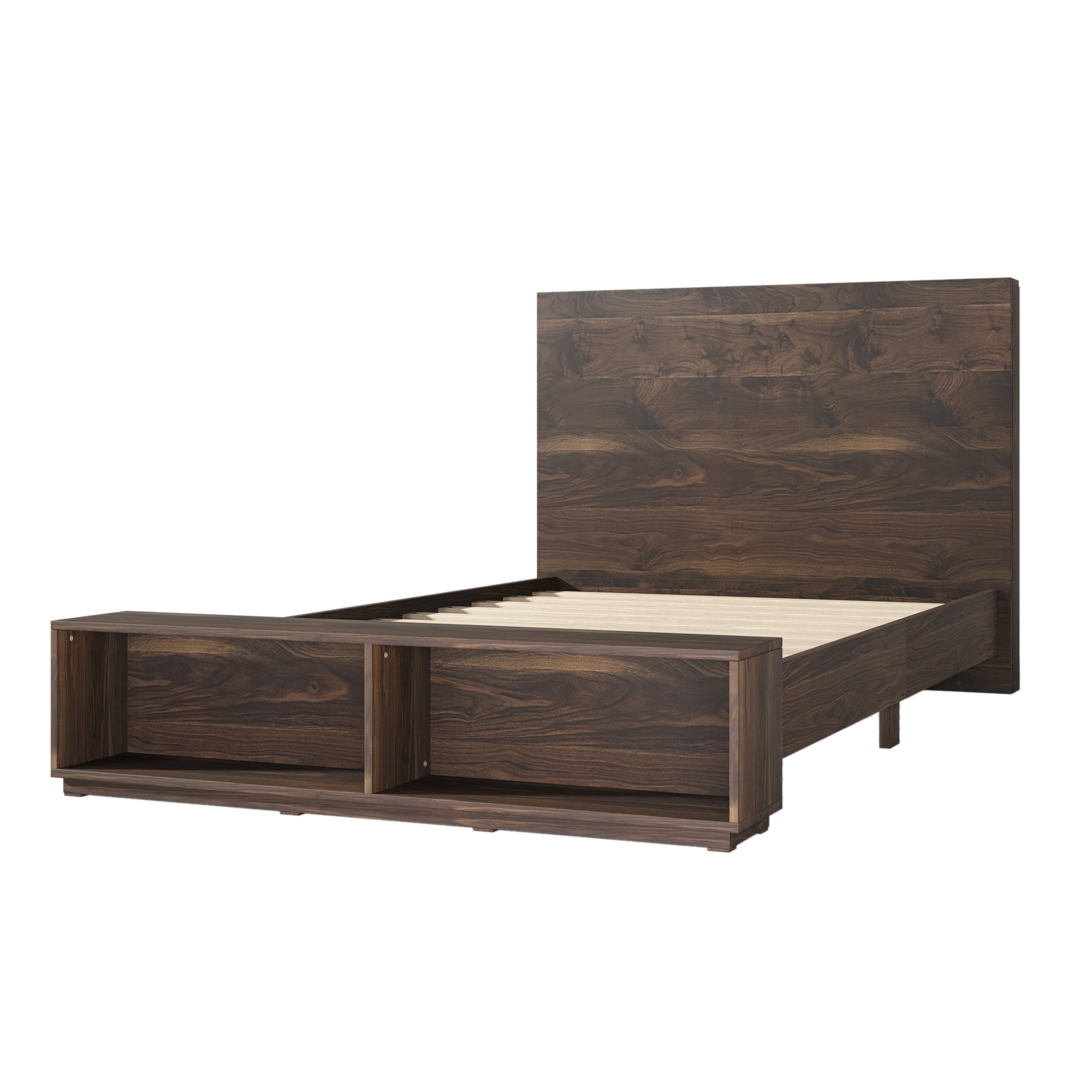 Wood Platform Bed with Storage Bench in Walnut