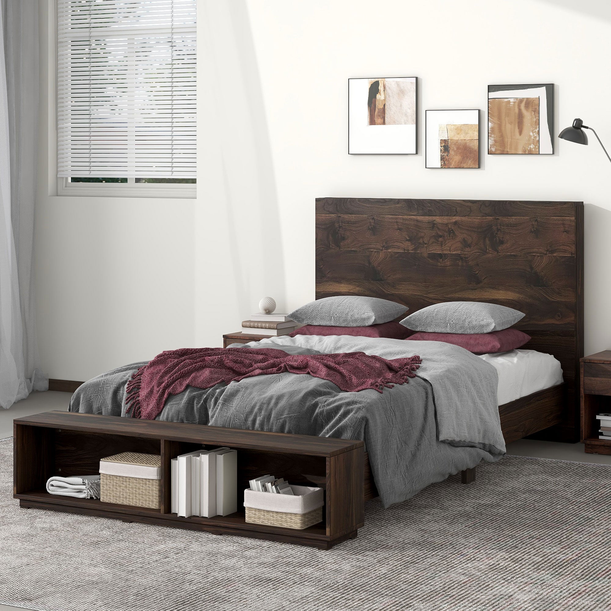 Wood Platform Bed with Storage Bench in Walnut