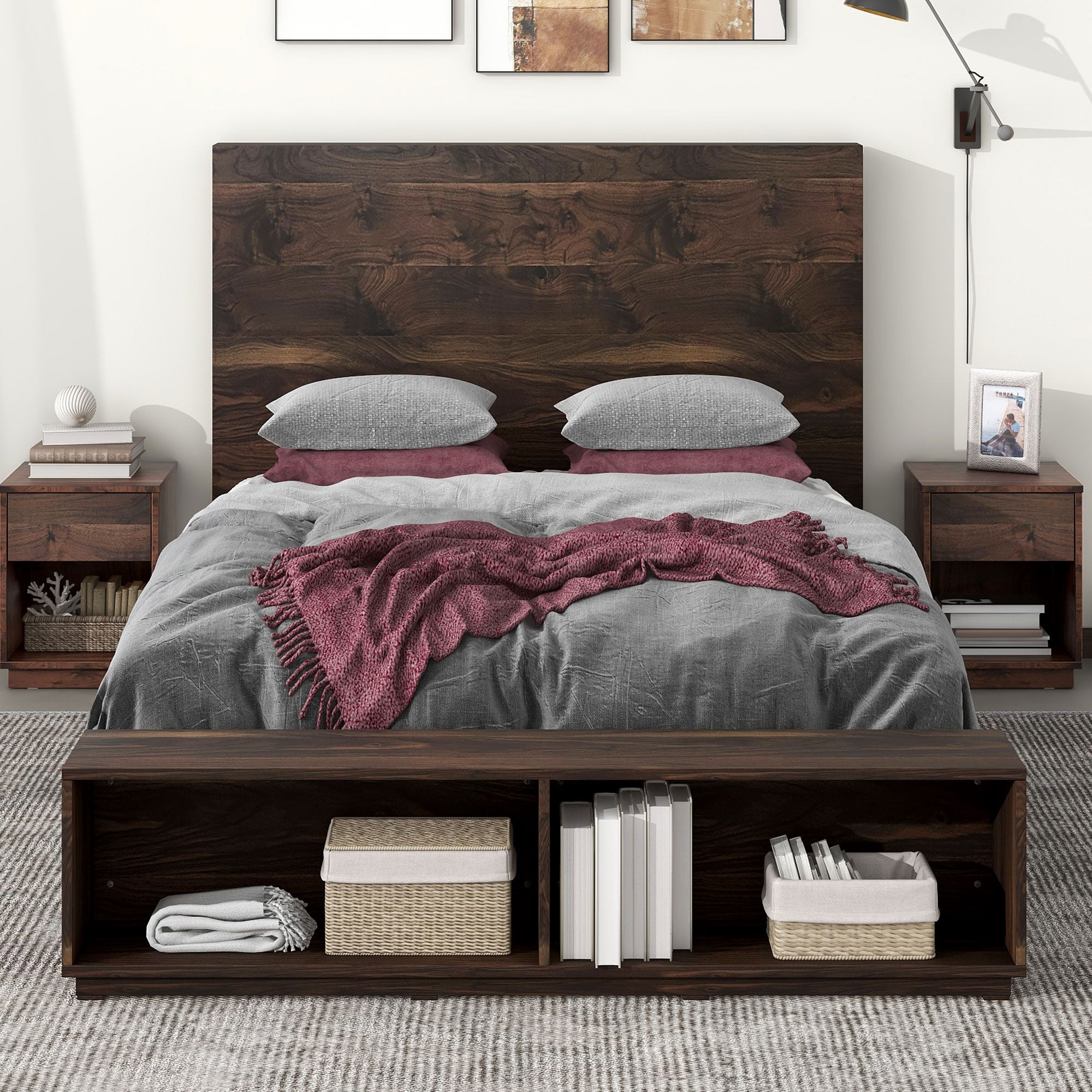 Wood Platform Bed with Storage Bench in Walnut