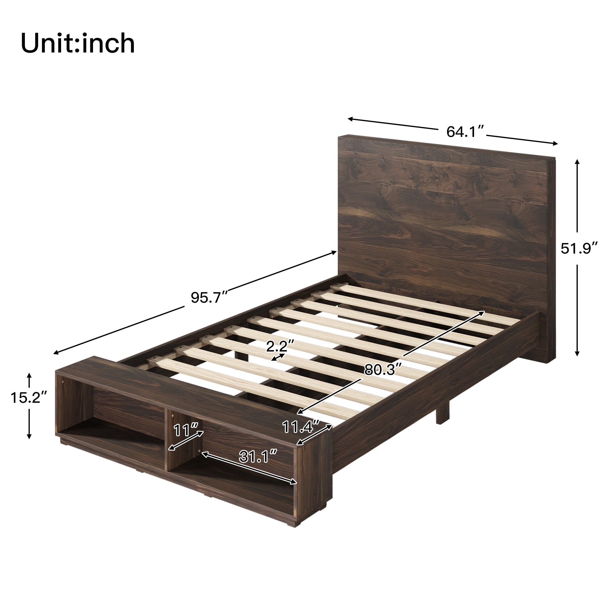 Wood Platform Bed with Storage Bench in Walnut