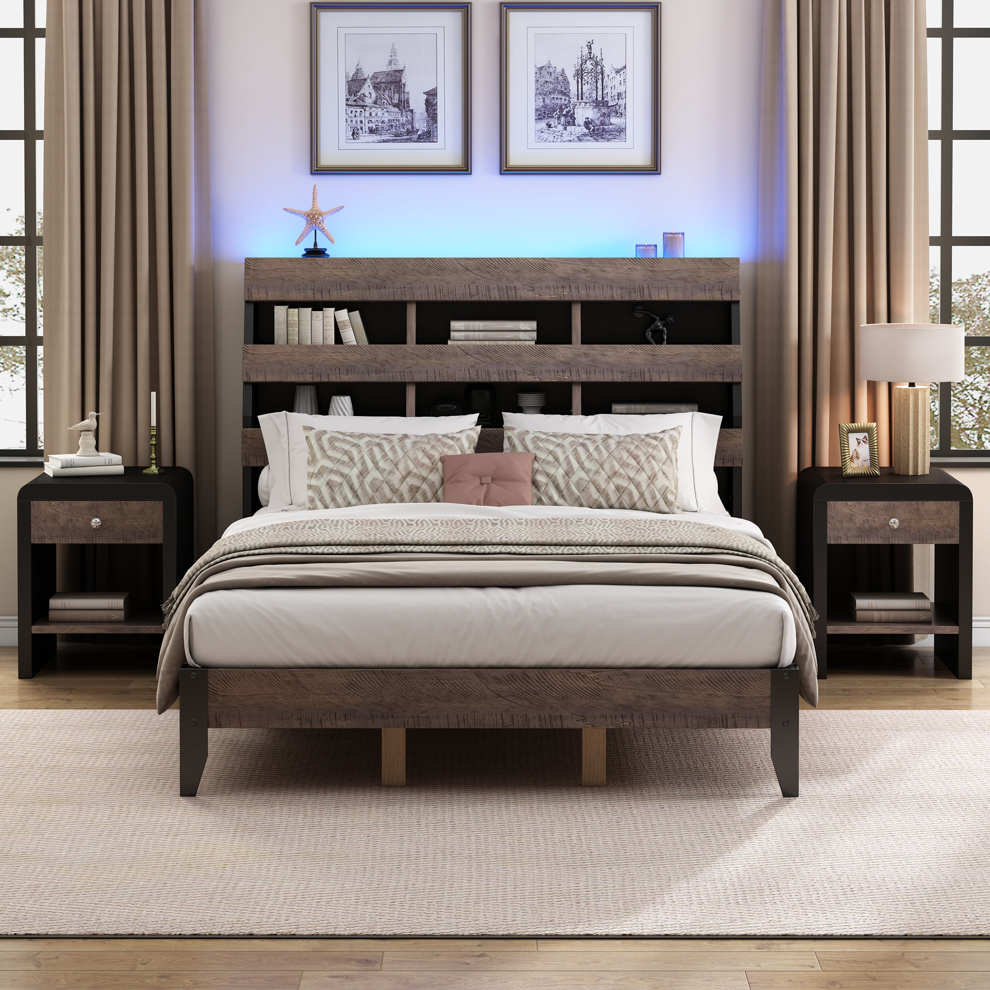 Queen Bed Frame with Bookshelf and LED Lights and USB Port