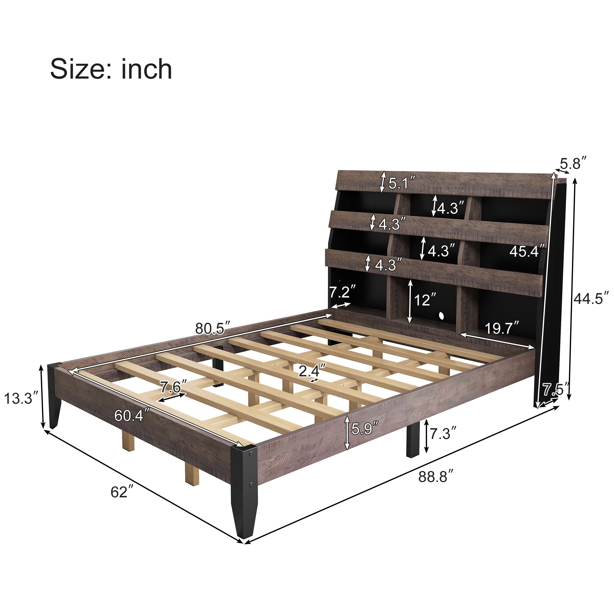 Queen Bed Frame with Bookshelf and LED Lights and USB Port
