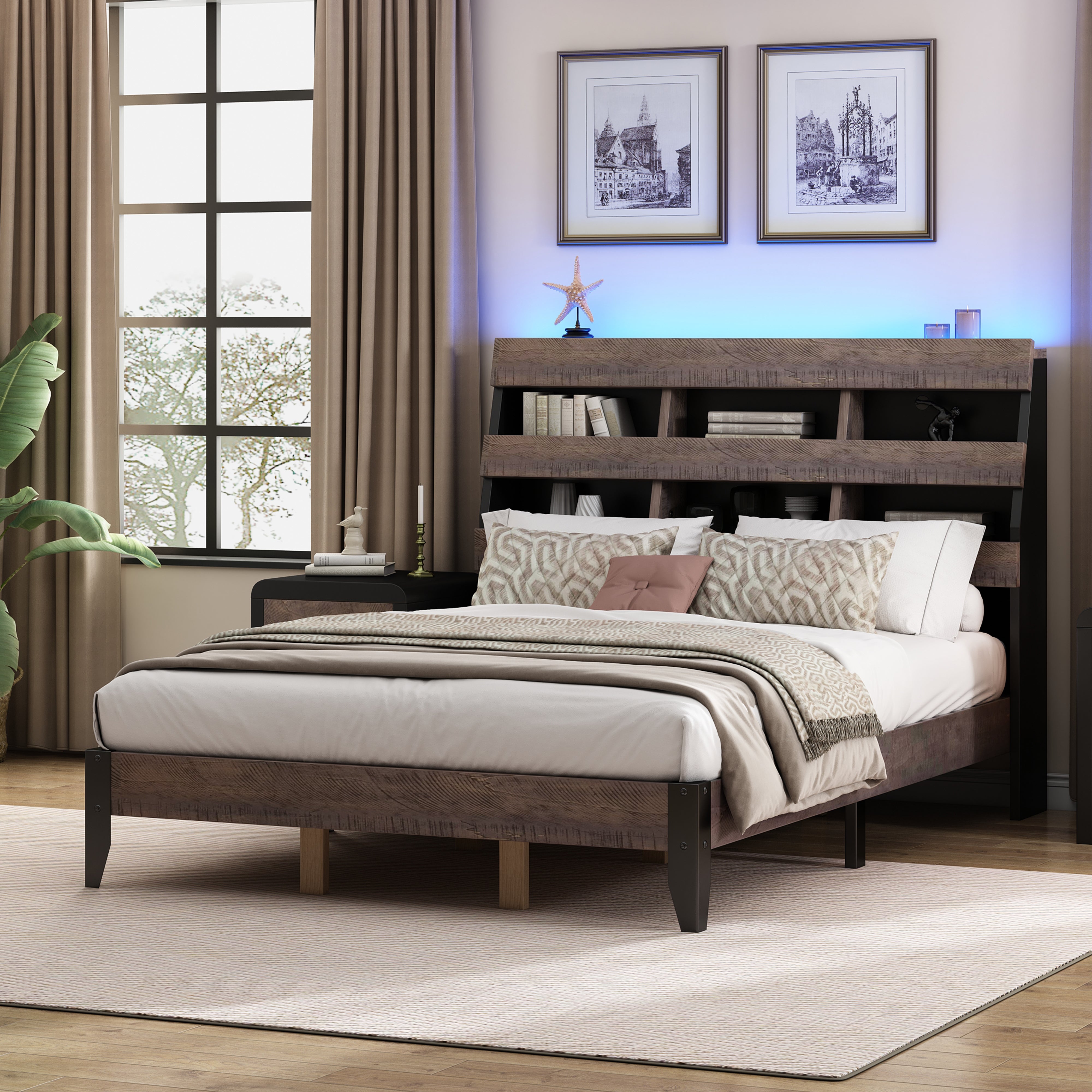 Queen Bed Frame with Bookshelf and LED Lights and USB Port