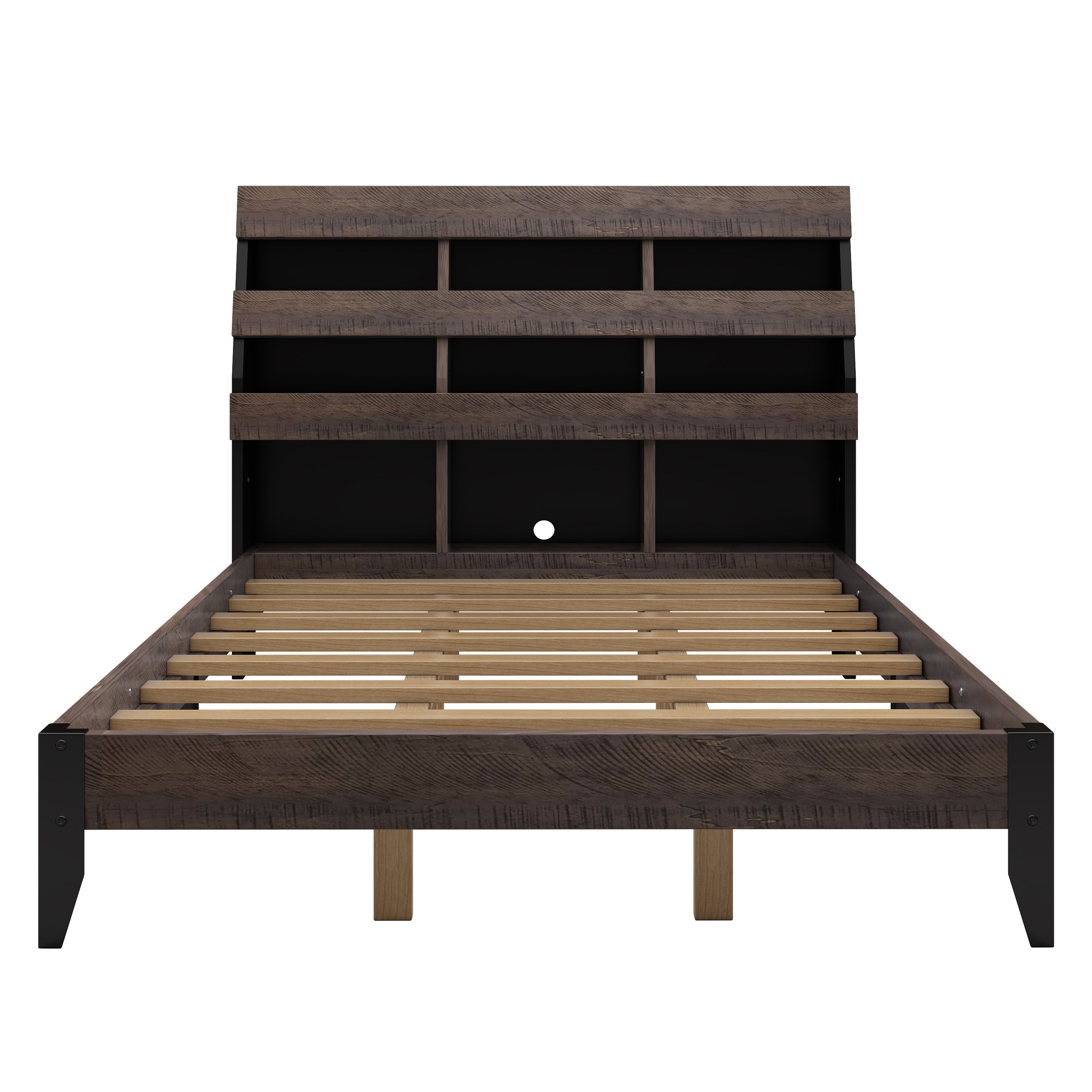 Queen Bed Frame with Bookshelf and LED Lights and USB Port
