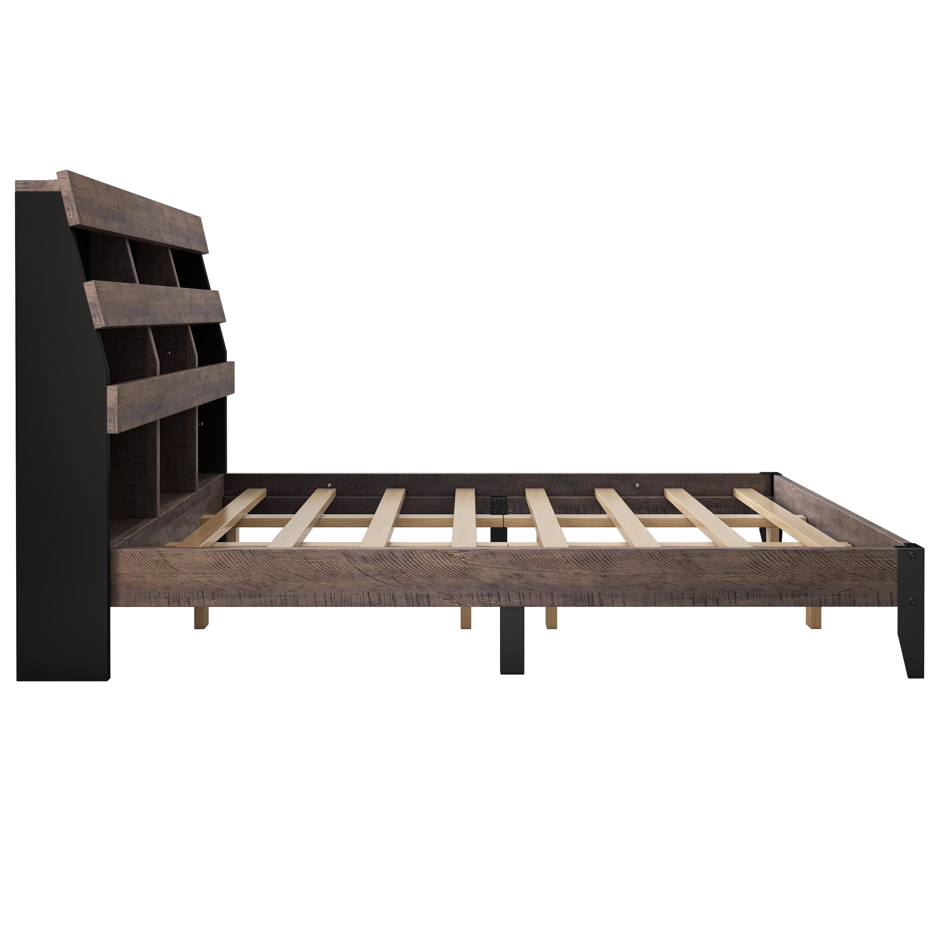 Queen Bed Frame with Bookshelf and LED Lights and USB Port