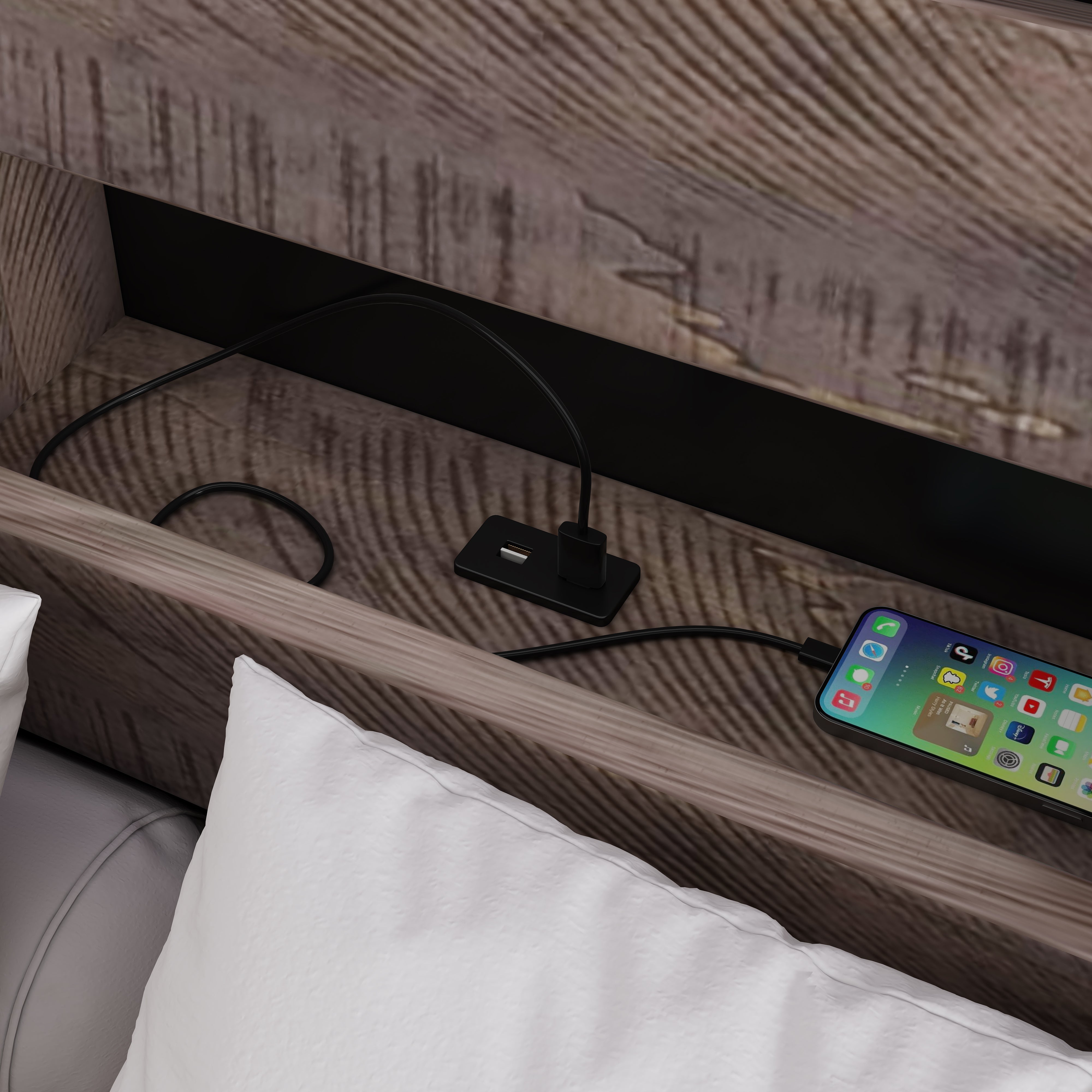 Queen Bed Frame with Bookshelf and LED Lights and USB Port