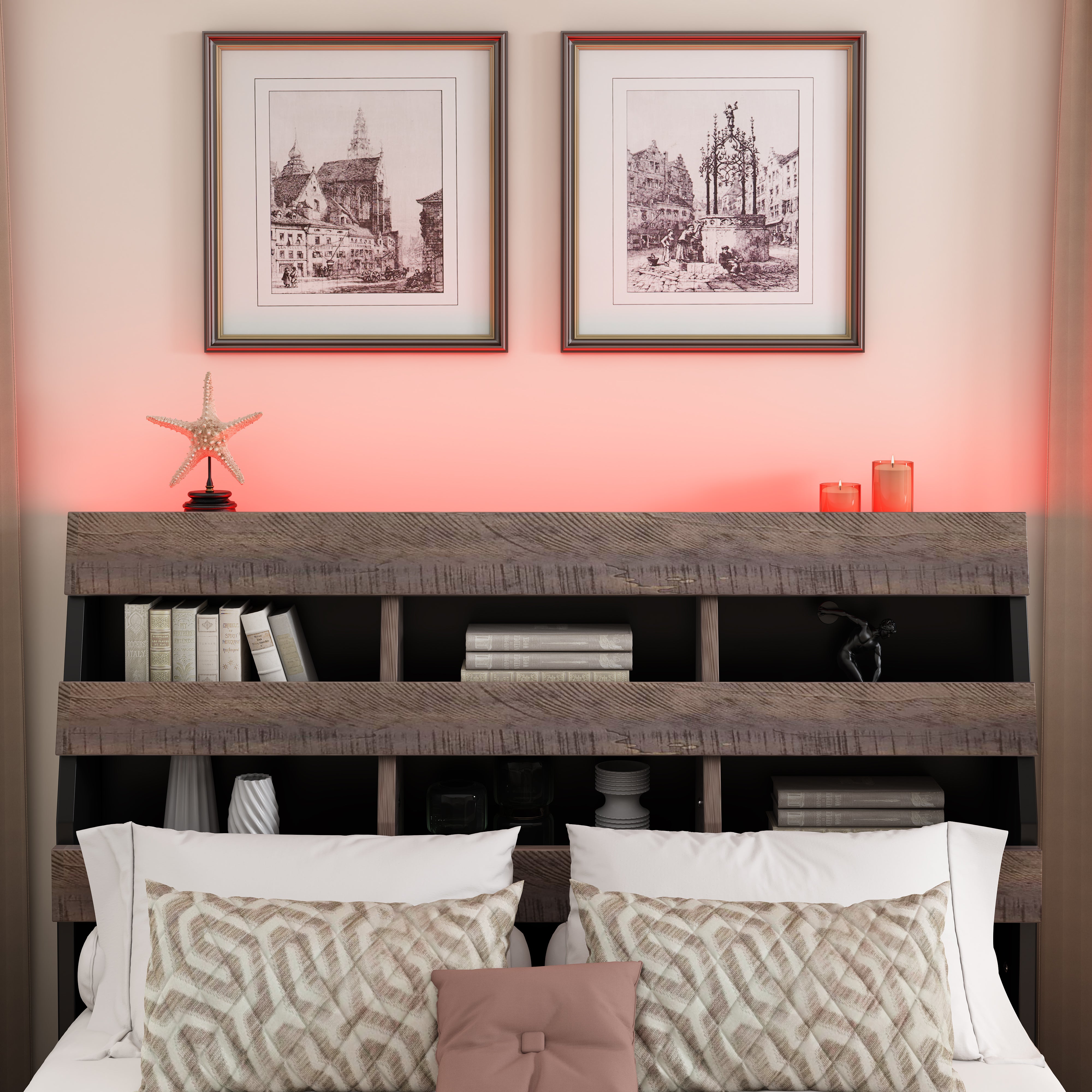 Queen Bed Frame with Bookshelf and LED Lights and USB Port
