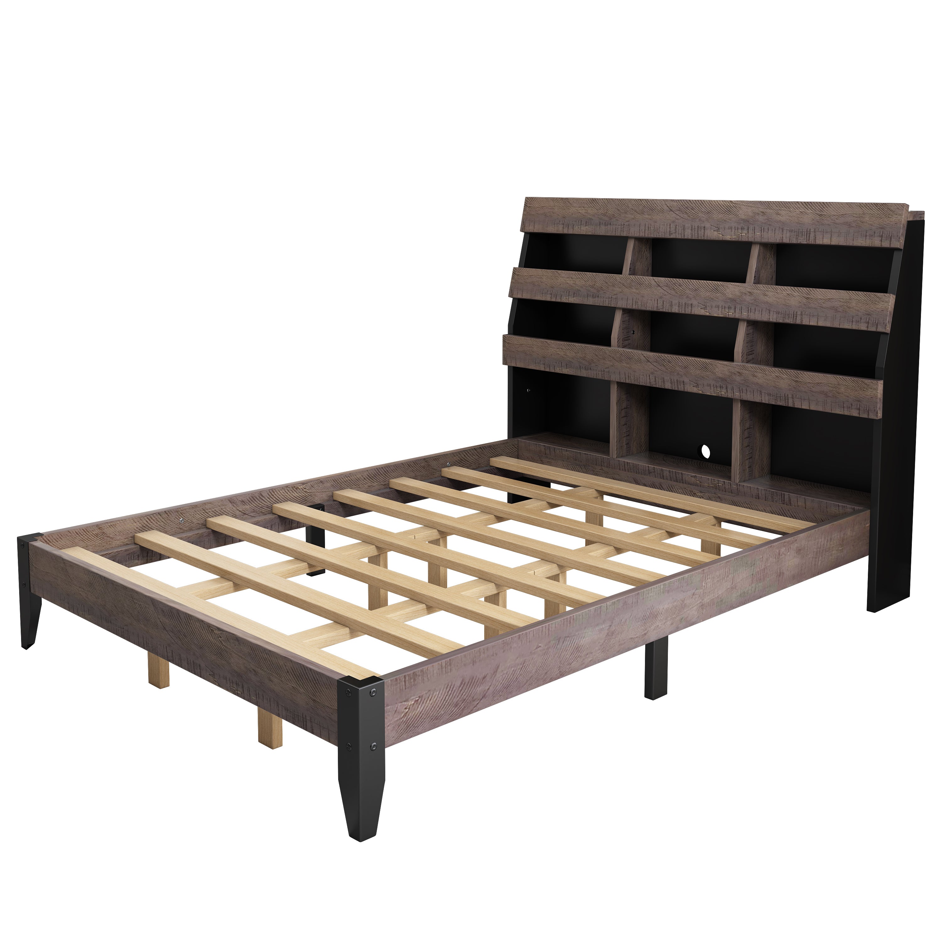 Queen Bed Frame with Bookshelf and LED Lights and USB Port