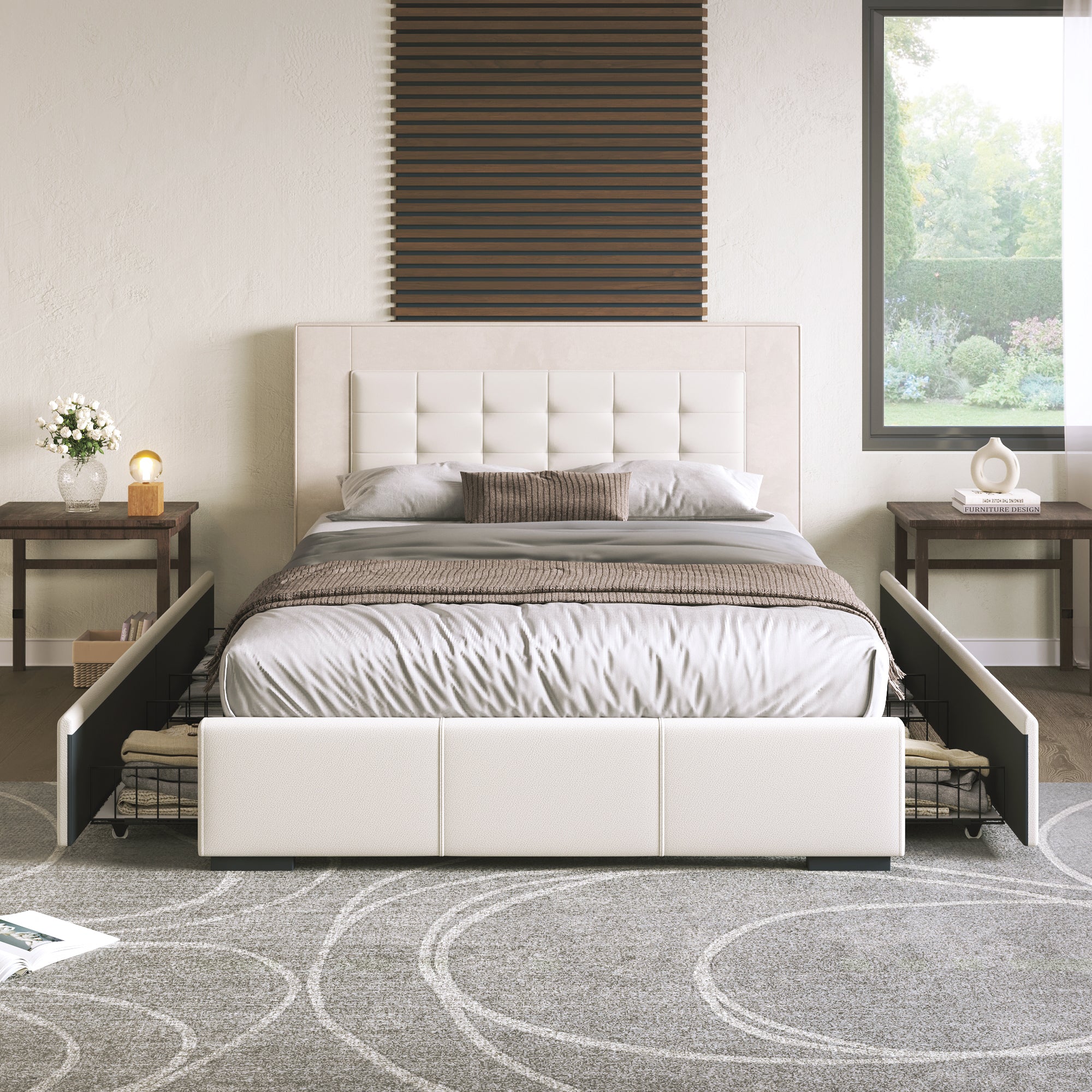 Upholstered Queen Platform Bed Frame with Four Drawers