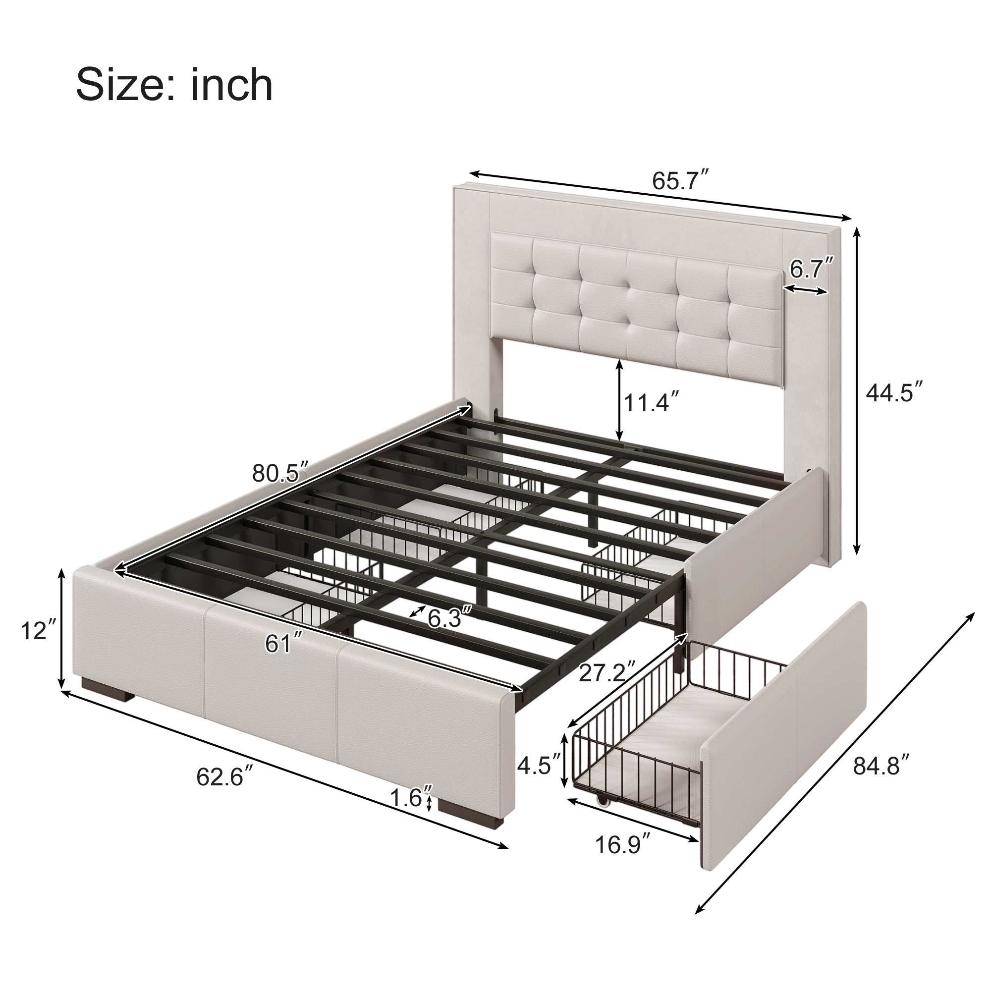 Upholstered Queen Platform Bed Frame with Four Drawers