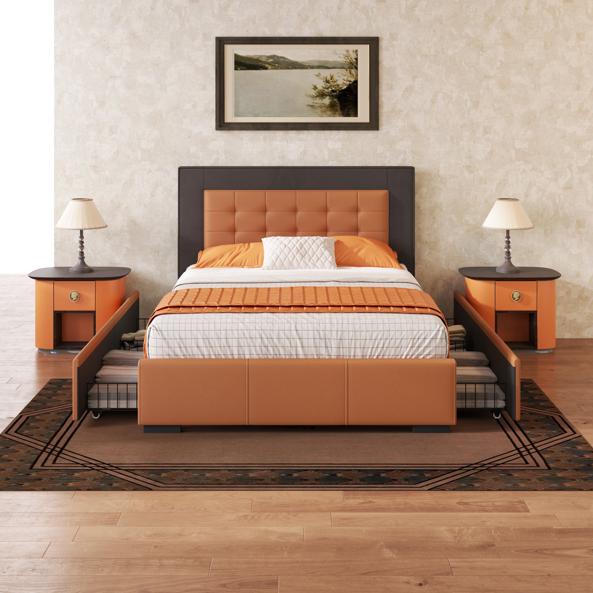 Upholstered Queen Platform Bed Frame with Four Drawers