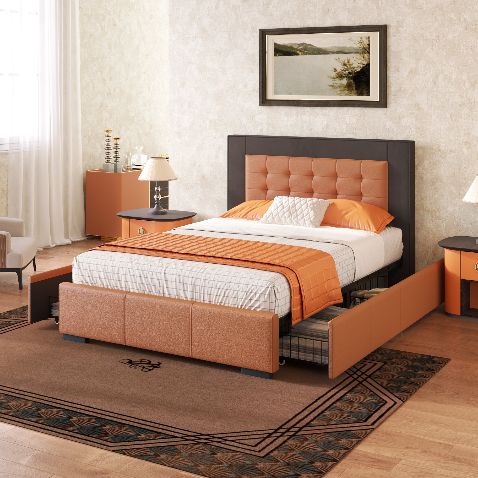 Upholstered Queen Platform Bed Frame with Four Drawers