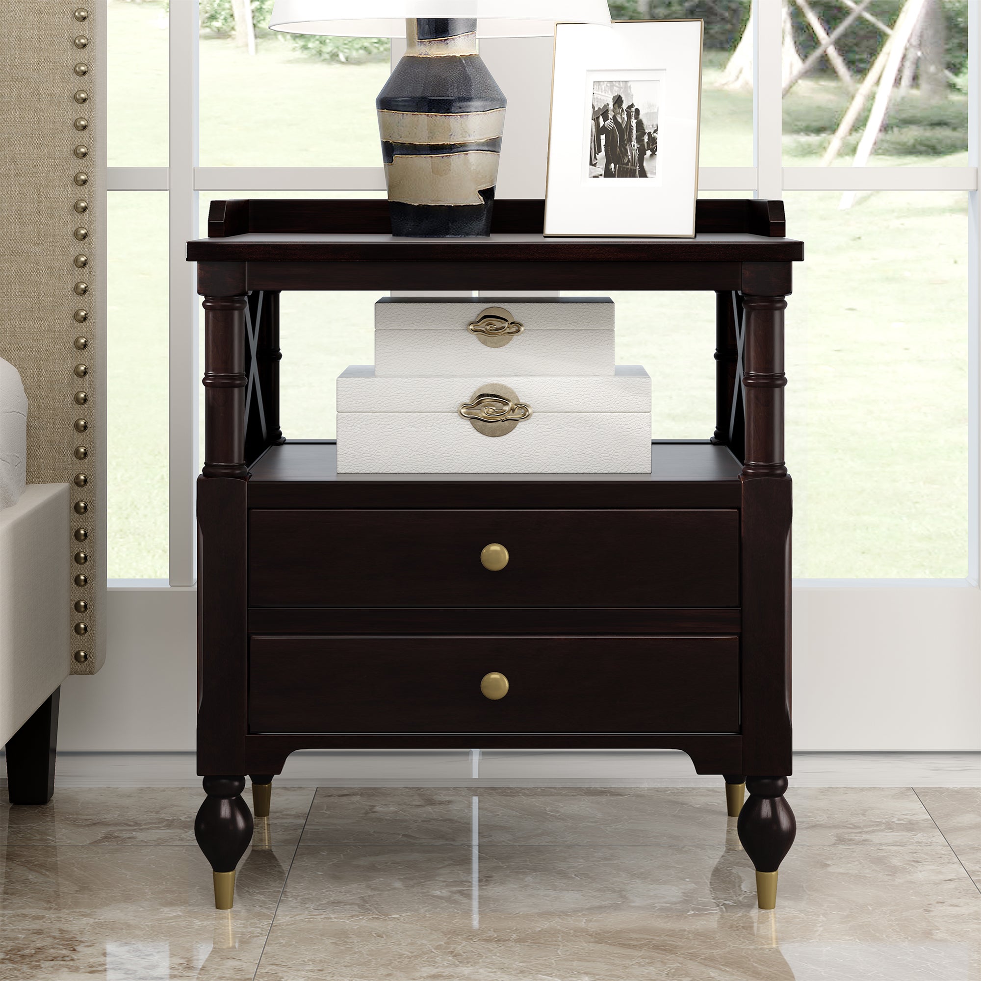 2-Drawer Solid Wood Nightstand in Espresso