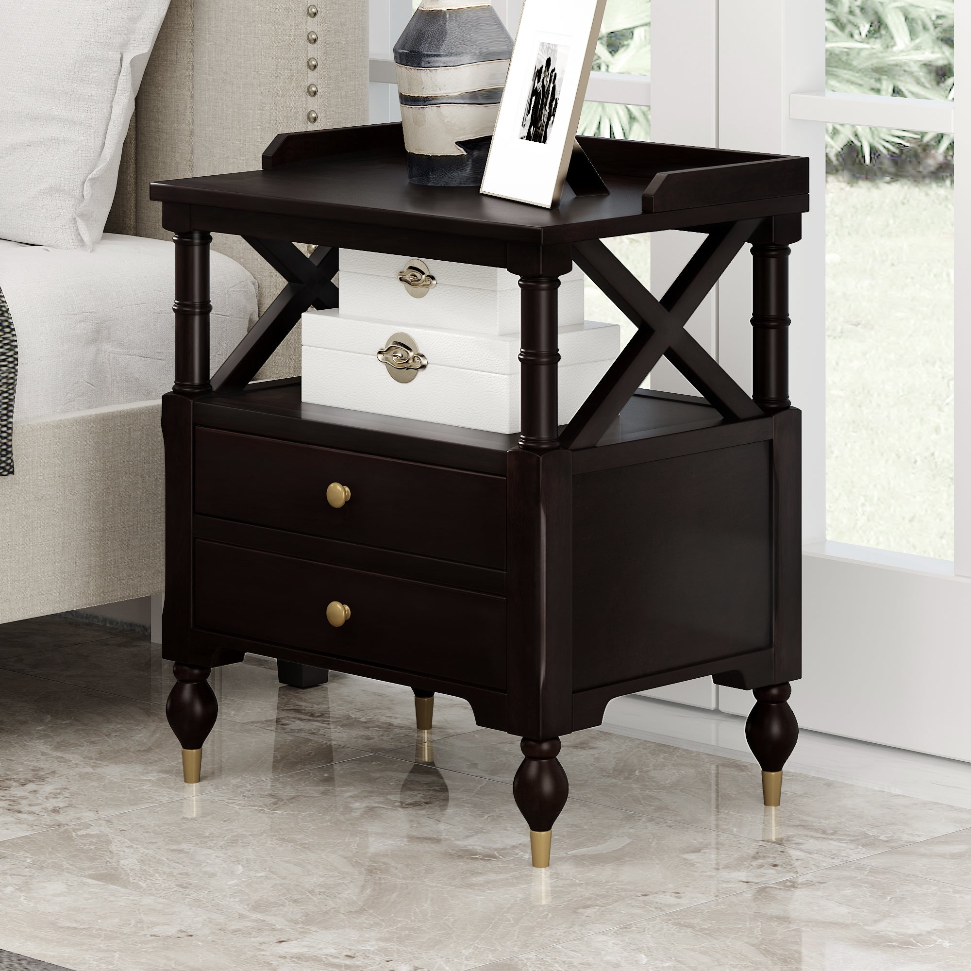2-Drawer Solid Wood Nightstand in Espresso