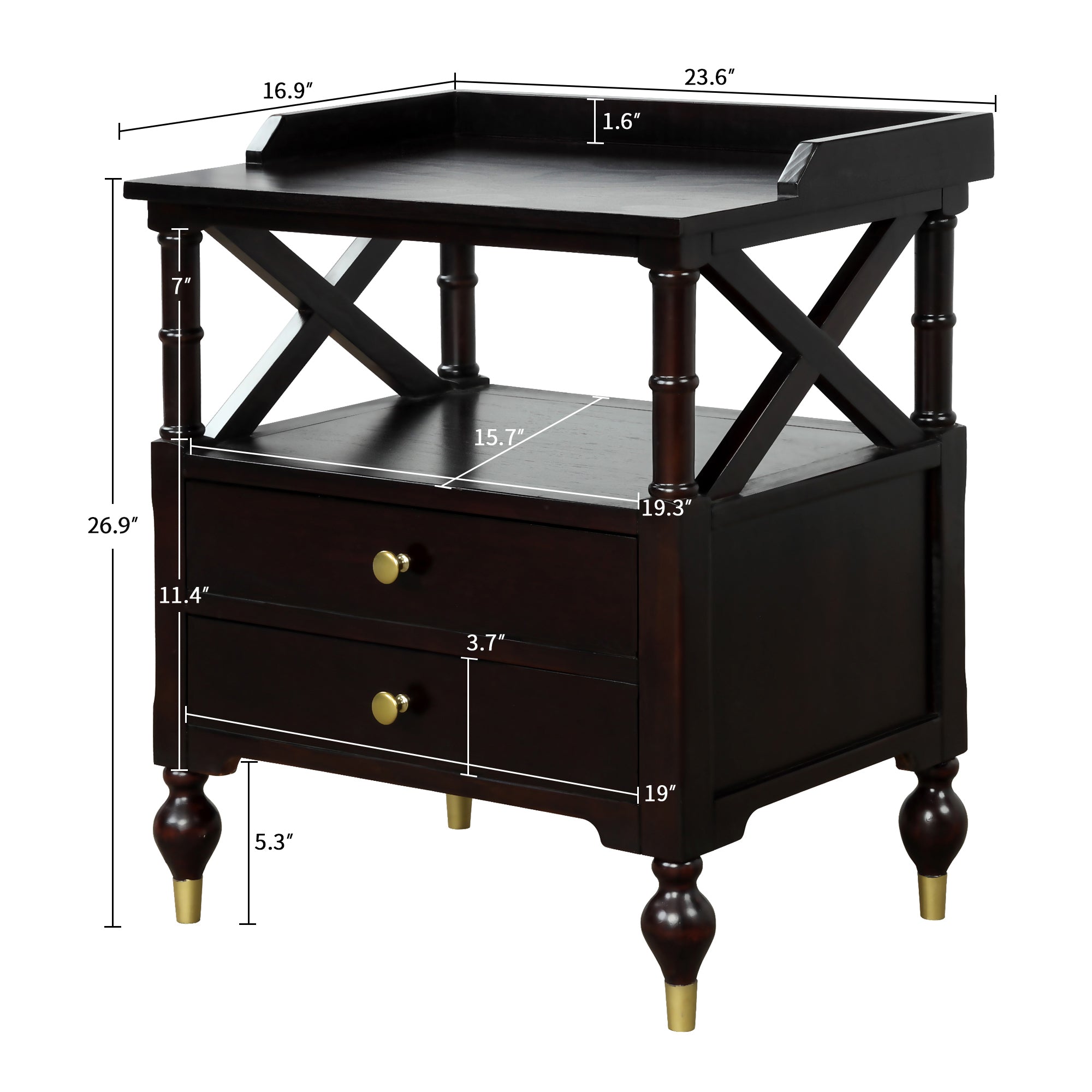 2-Drawer Solid Wood Nightstand in Espresso