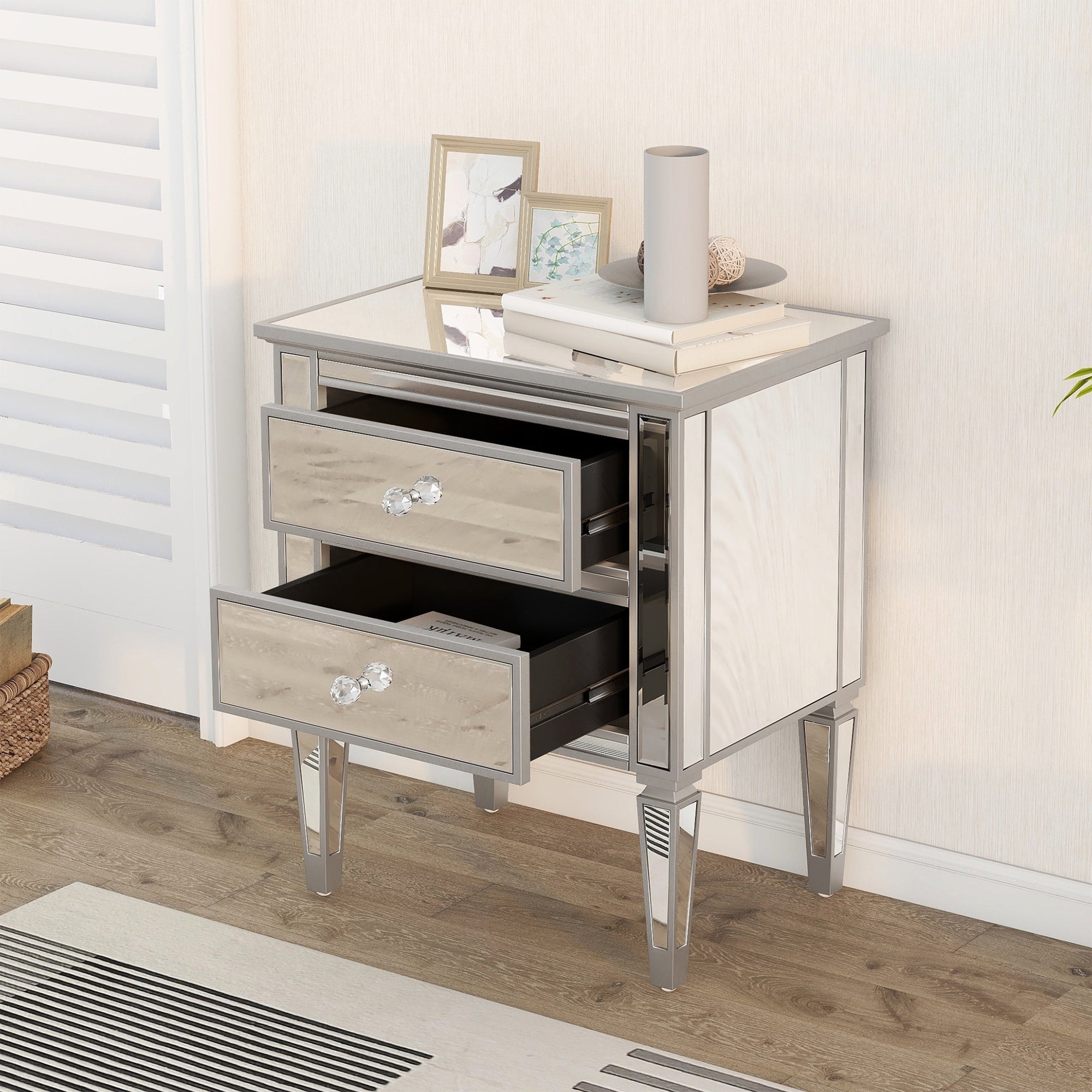2-Drawer Glass Nightstand in Silver