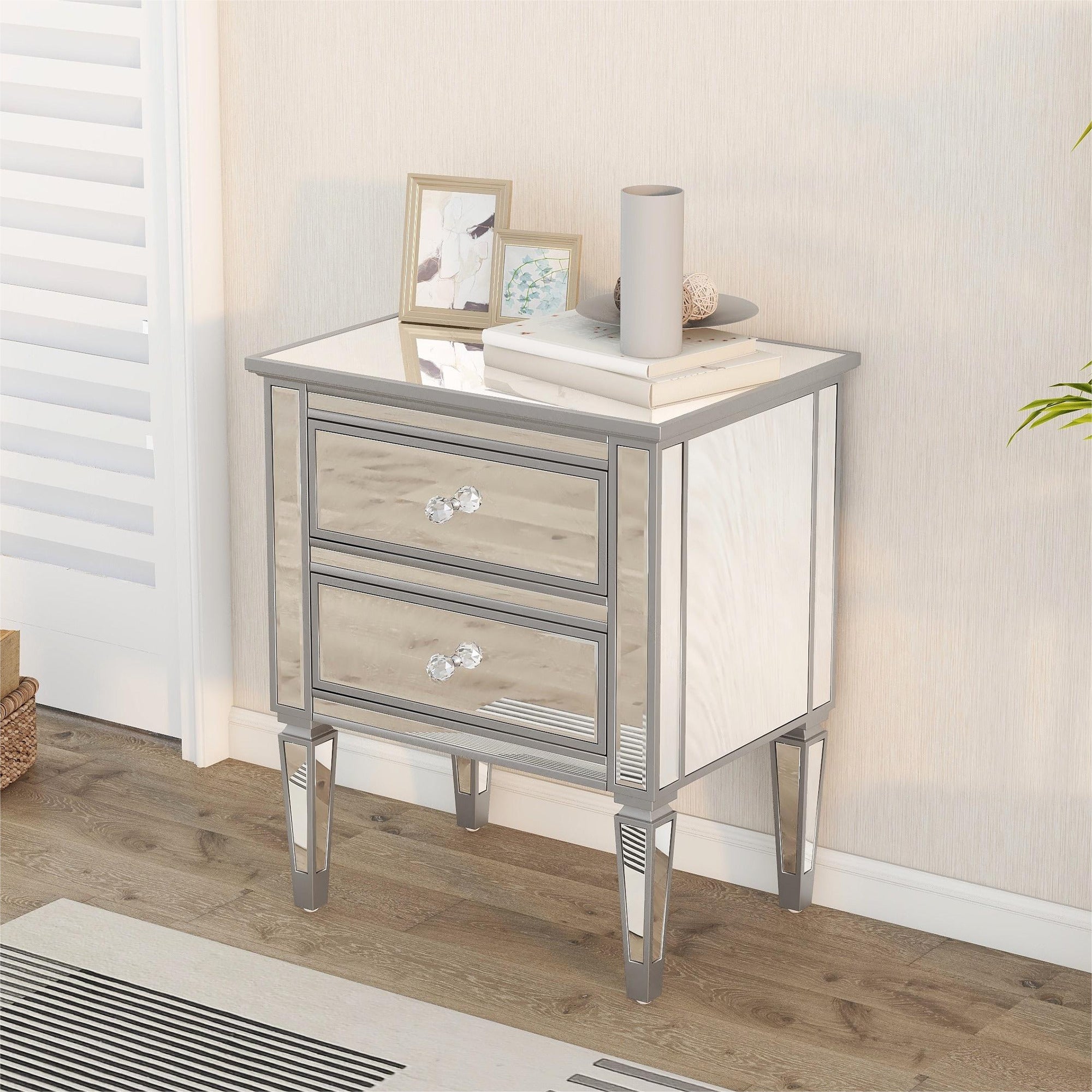 2-Drawer Glass Nightstand in Silver