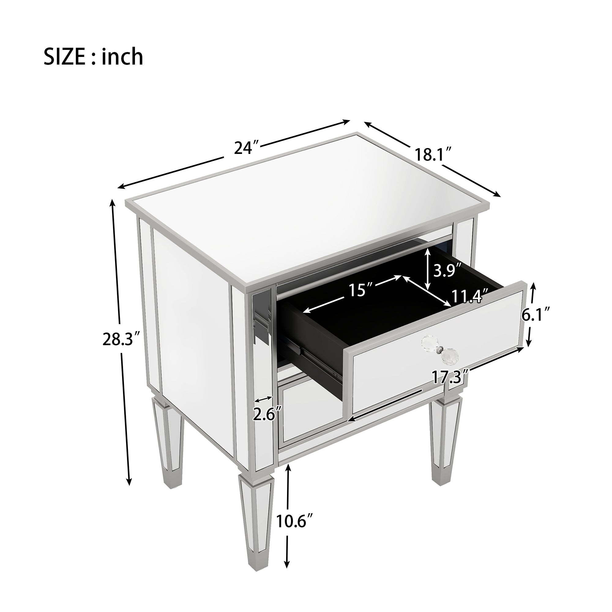 2-Drawer Glass Nightstand in Silver