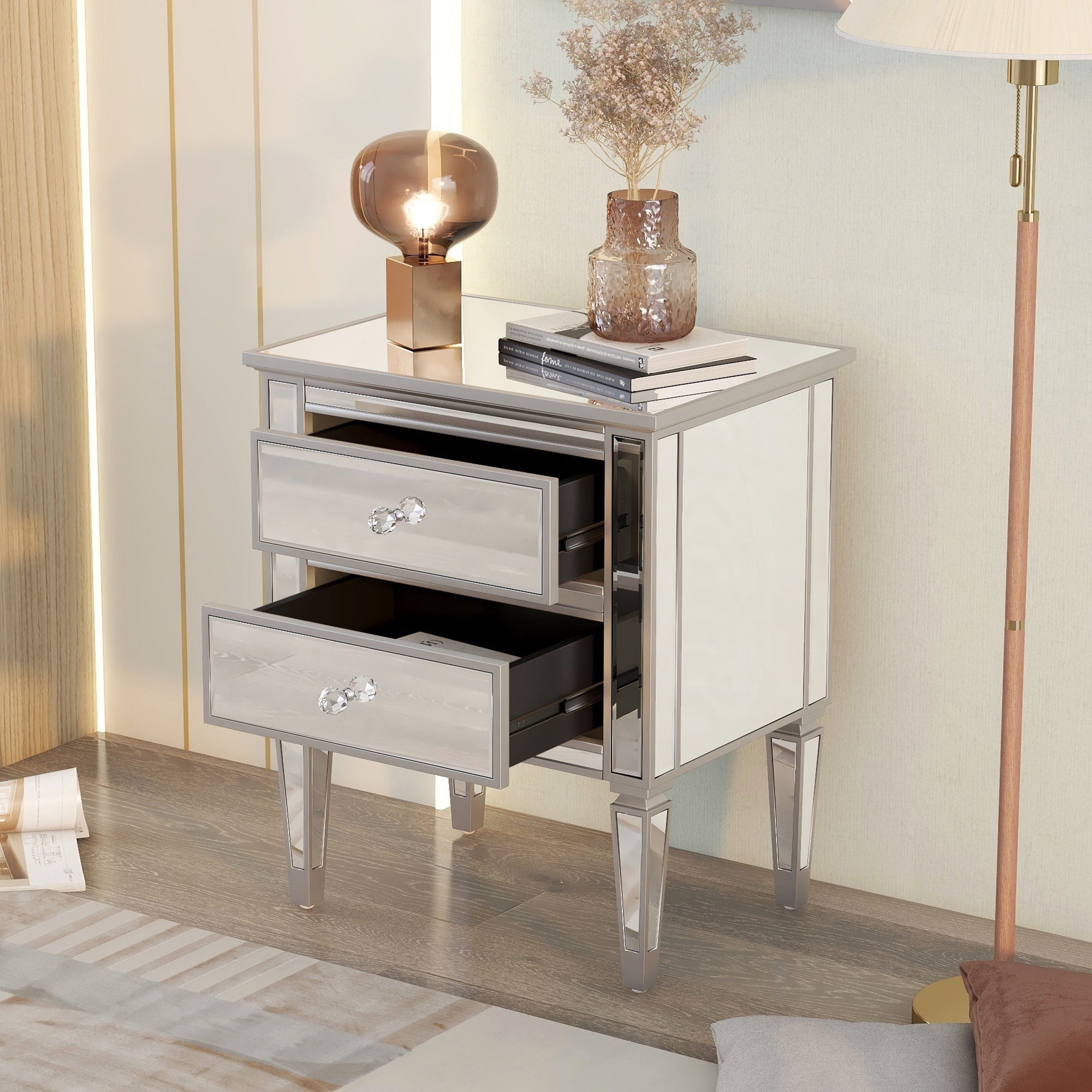 2-Drawer Glass Nightstand in Silver