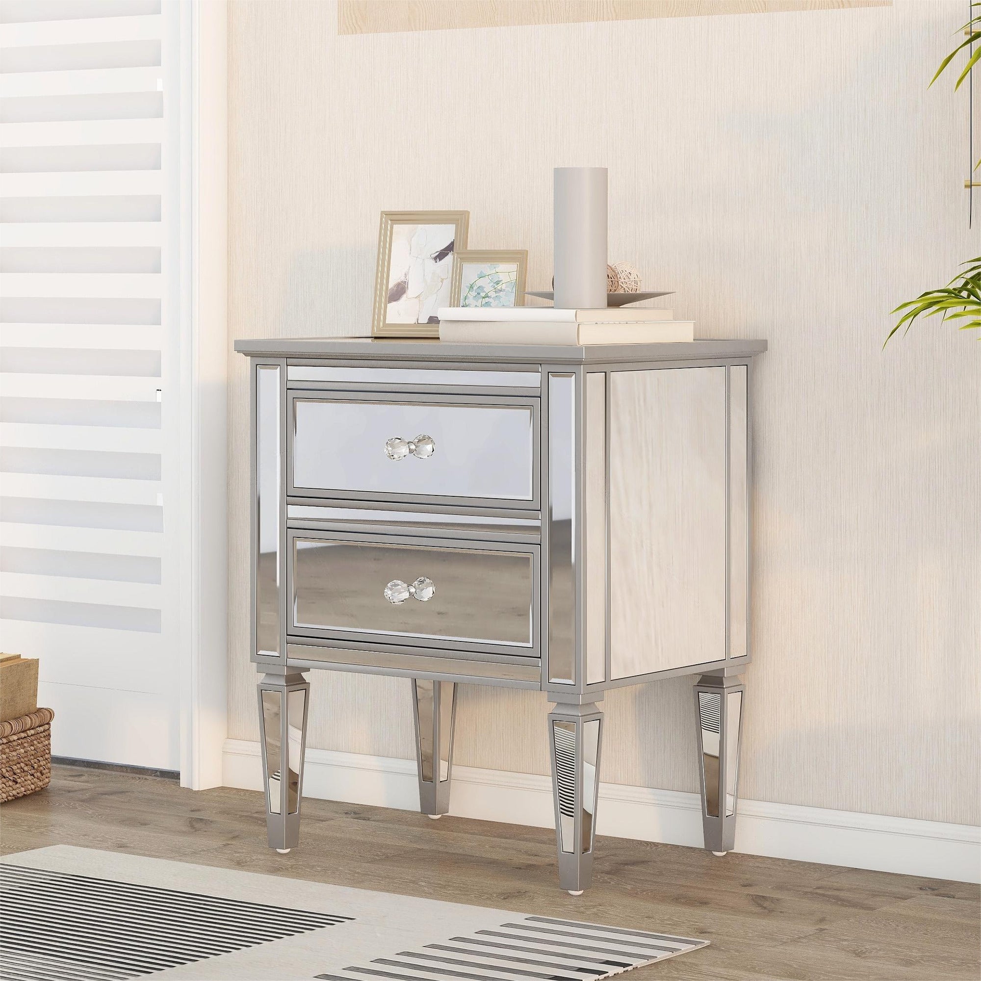 2-Drawer Glass Nightstand in Silver