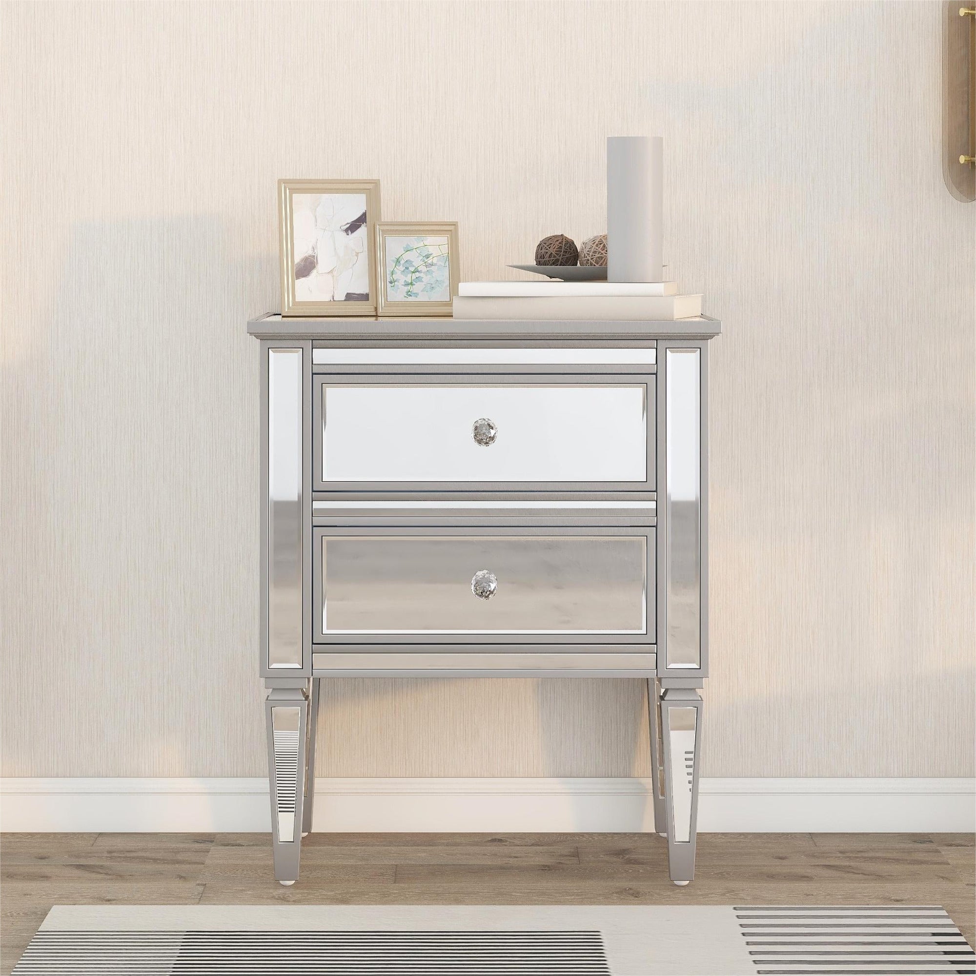 2-Drawer Glass Nightstand in Silver