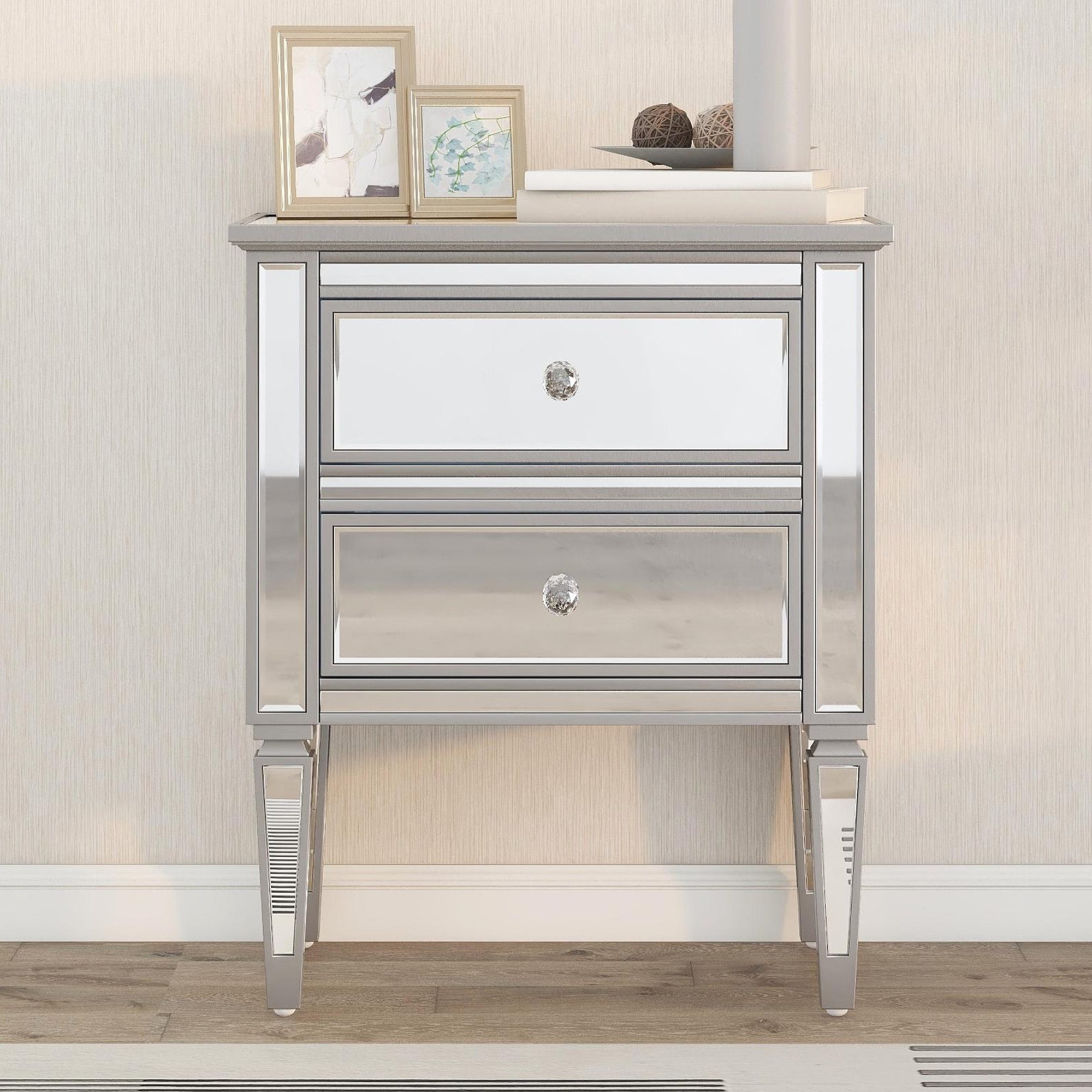 2-Drawer Glass Nightstand in Silver