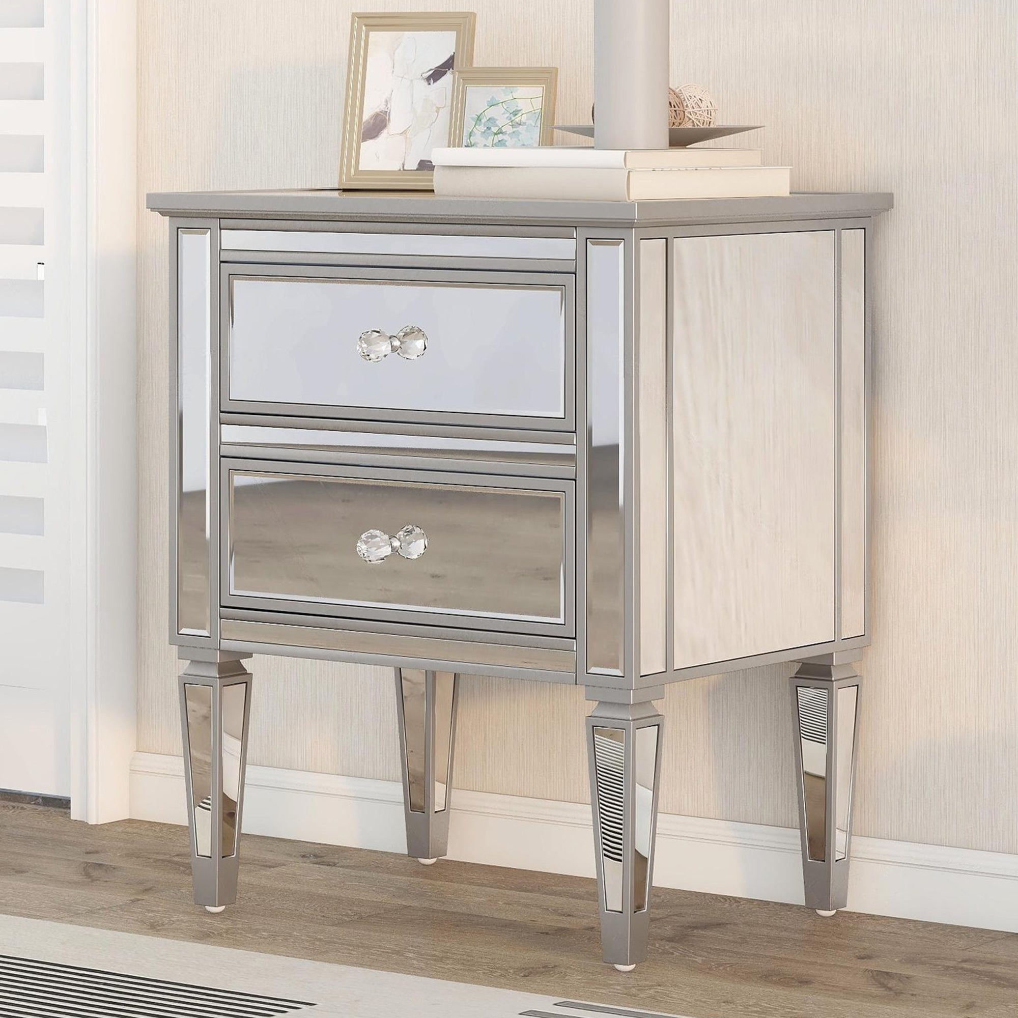 2-Drawer Glass Nightstand in Silver