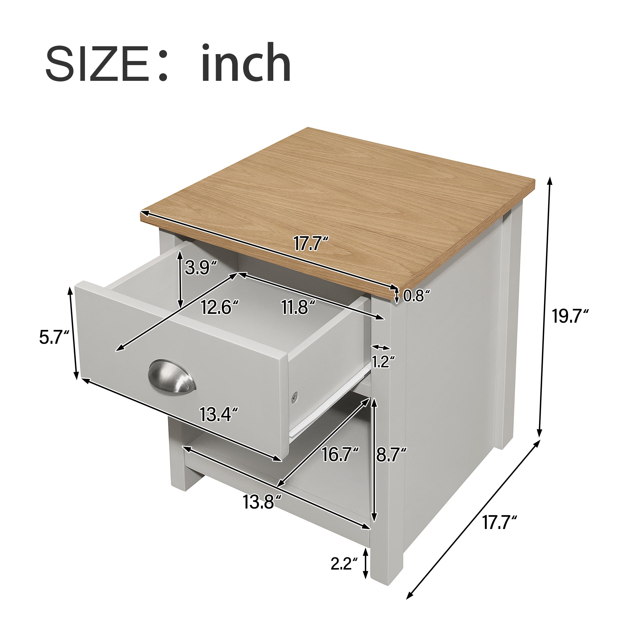 1-Drawer Solid wood and MDF and Oak Veneer Nightstand in Grey