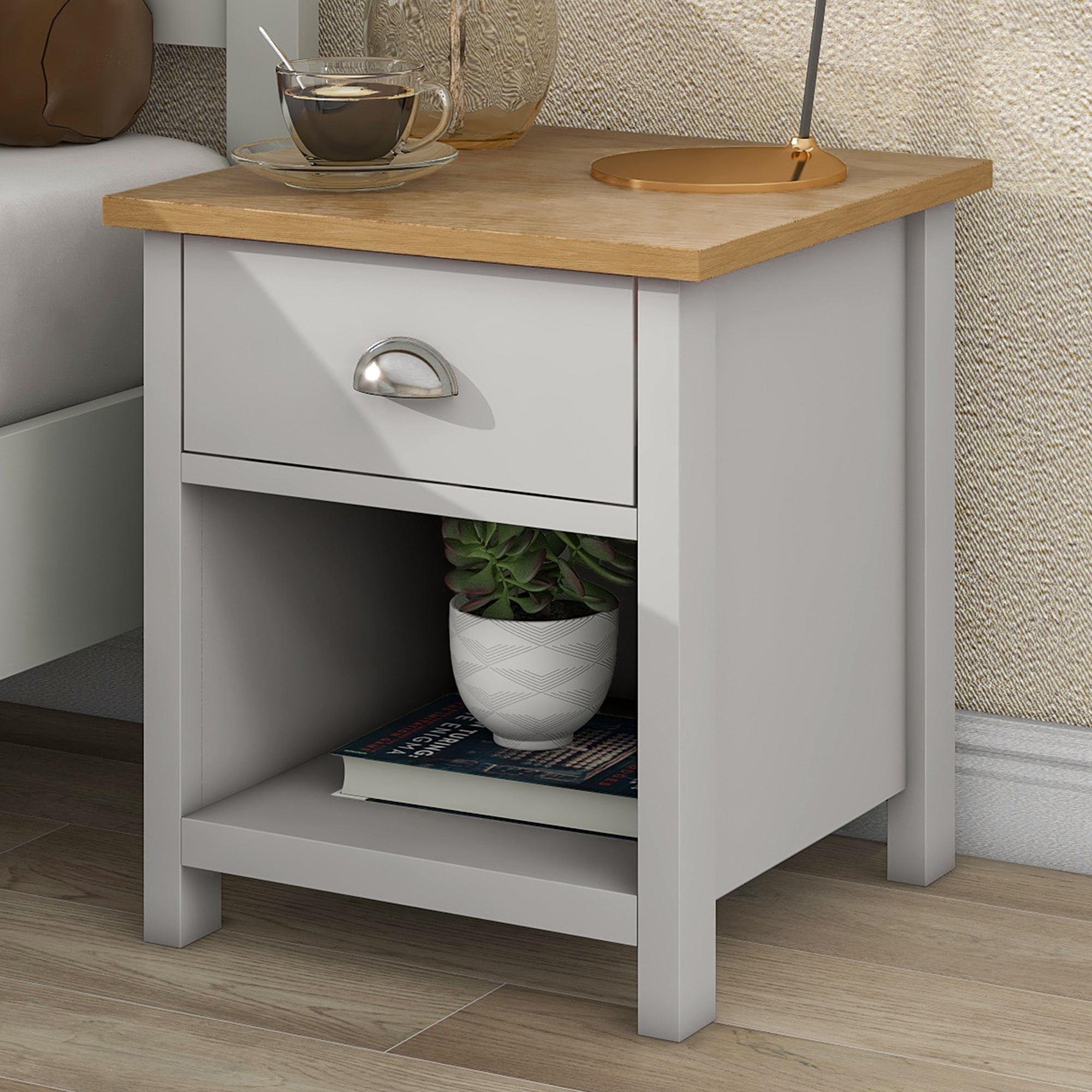 1-Drawer Solid wood and MDF and Oak Veneer Nightstand in Grey