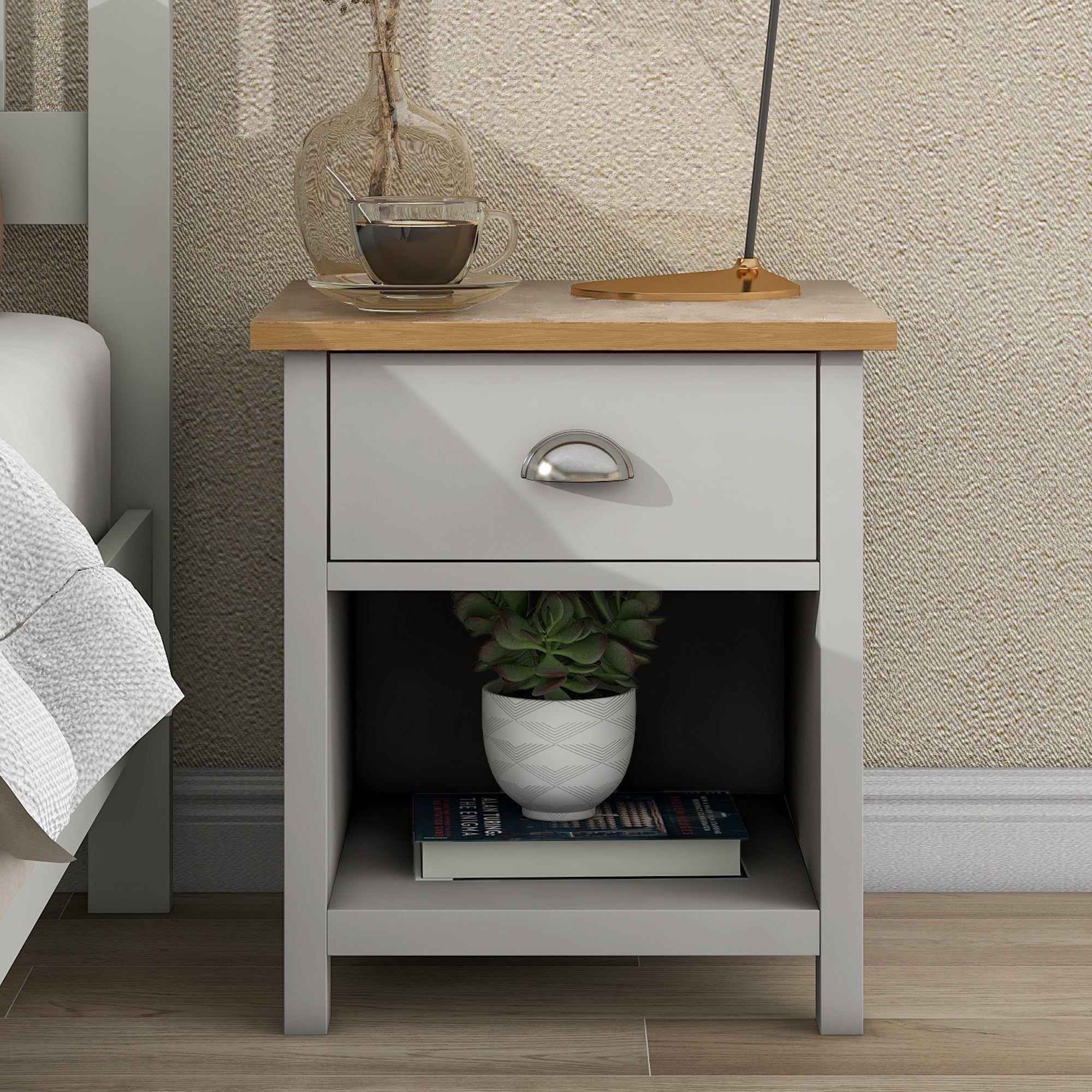 1-Drawer Solid wood and MDF and Oak Veneer Nightstand in Grey