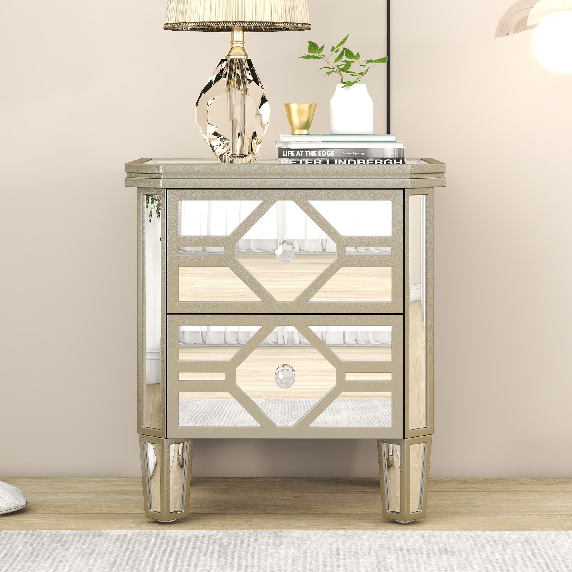 2-Drawer Glass Nightstand in Silver with Golden Lines