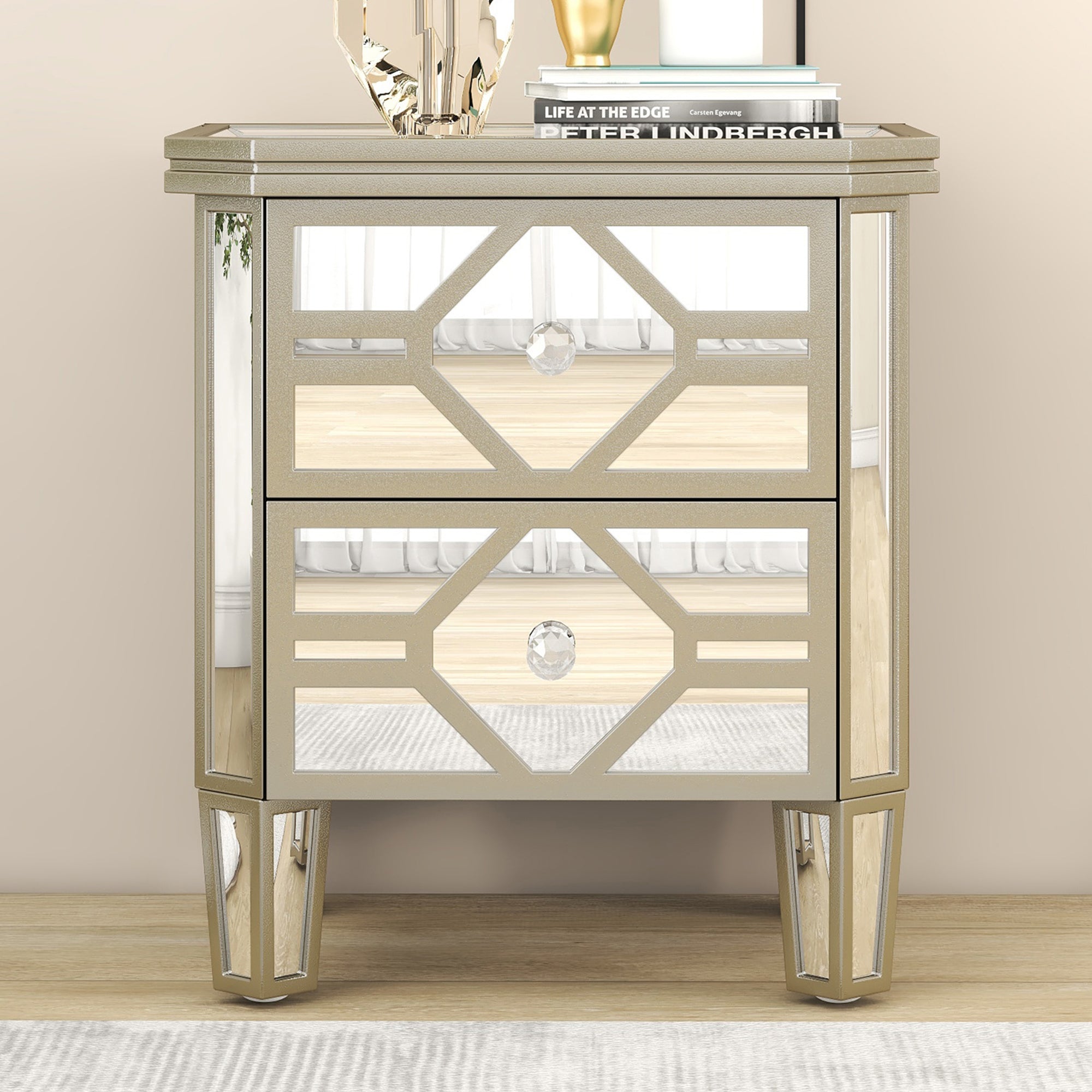2-Drawer Glass Nightstand in Silver with Golden Lines