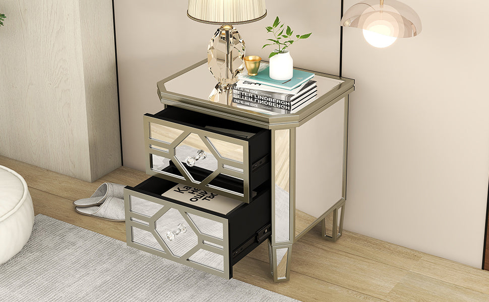 2-Drawer Glass Nightstand in Silver with Golden Lines
