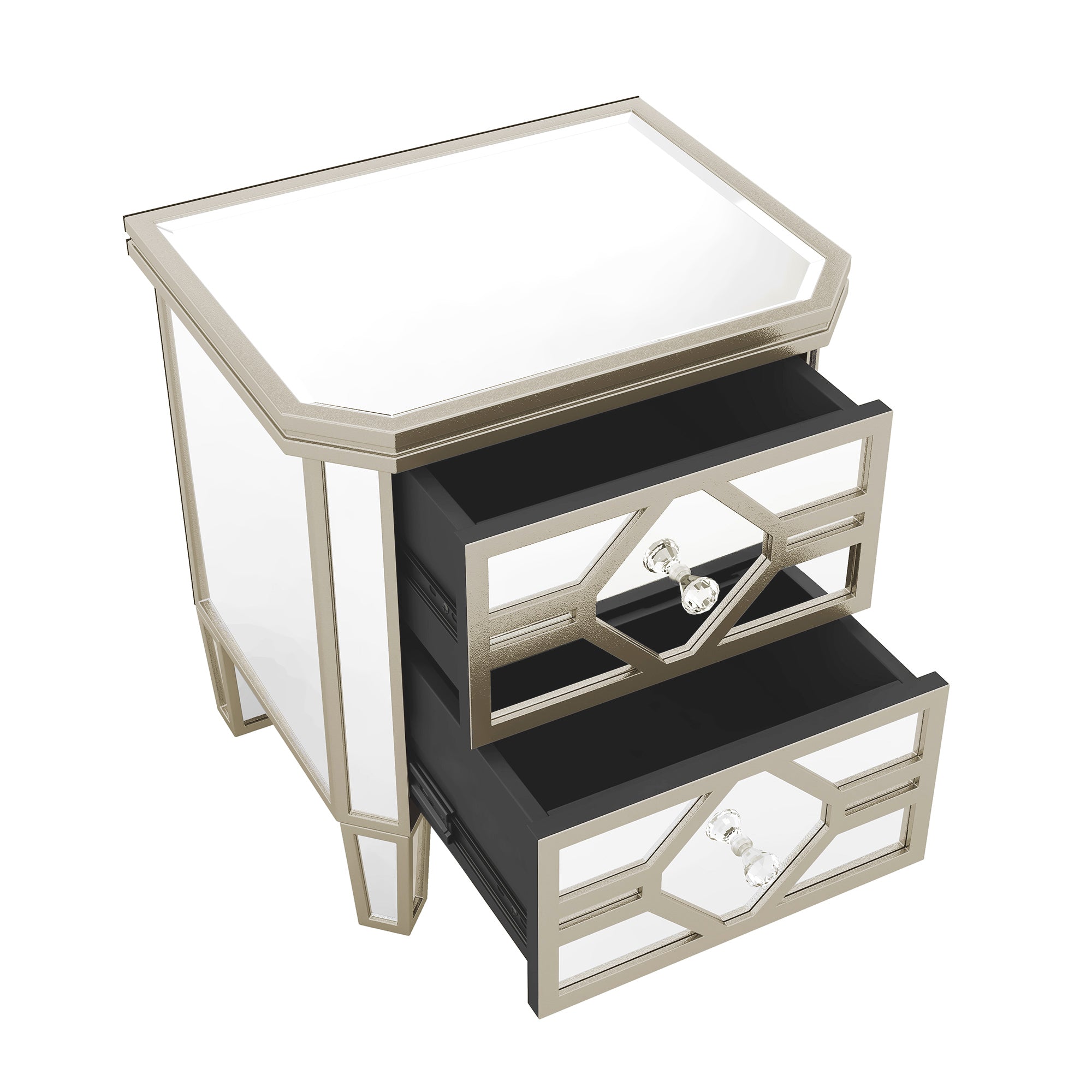 2-Drawer Glass Nightstand in Silver with Golden Lines