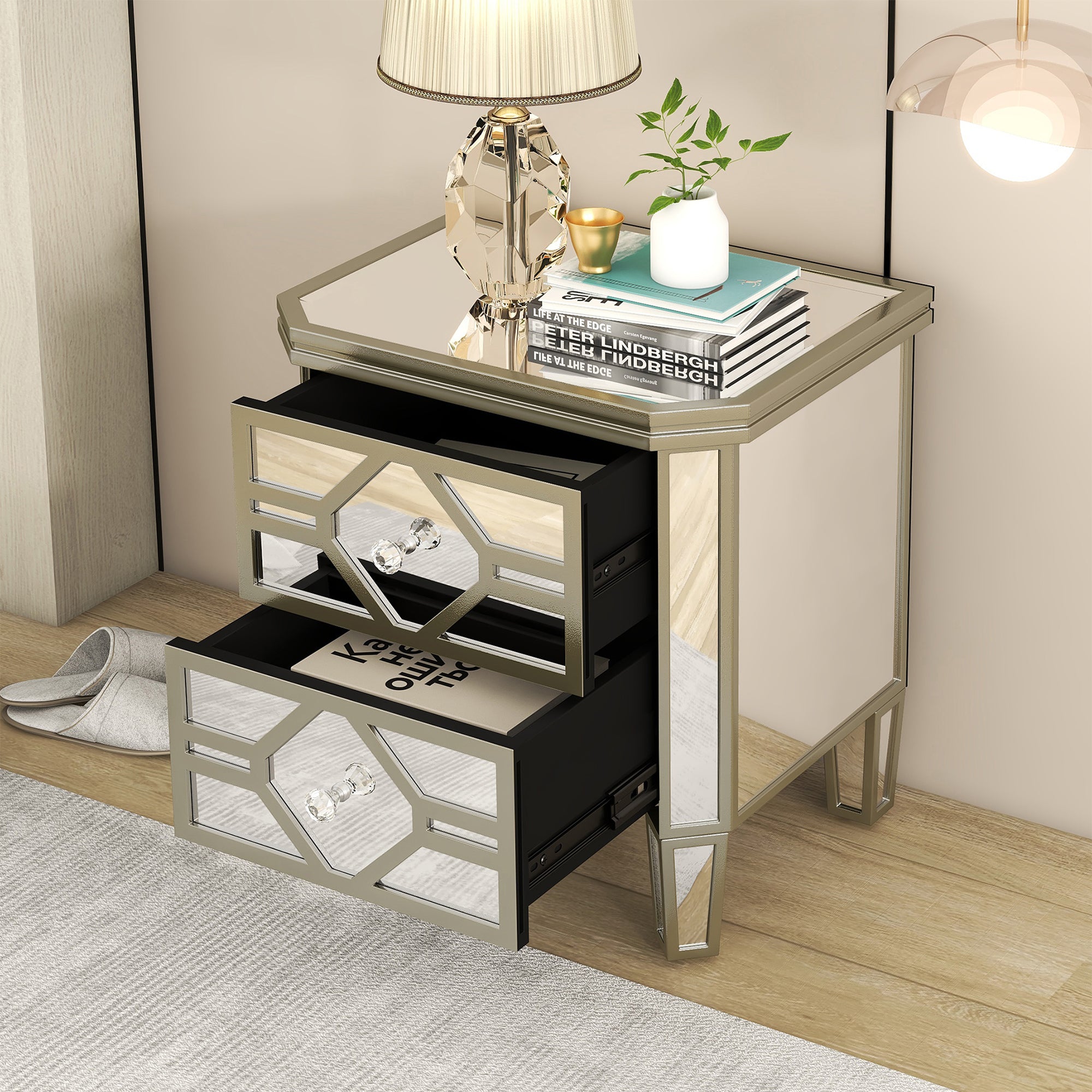 2-Drawer Glass Nightstand in Silver with Golden Lines