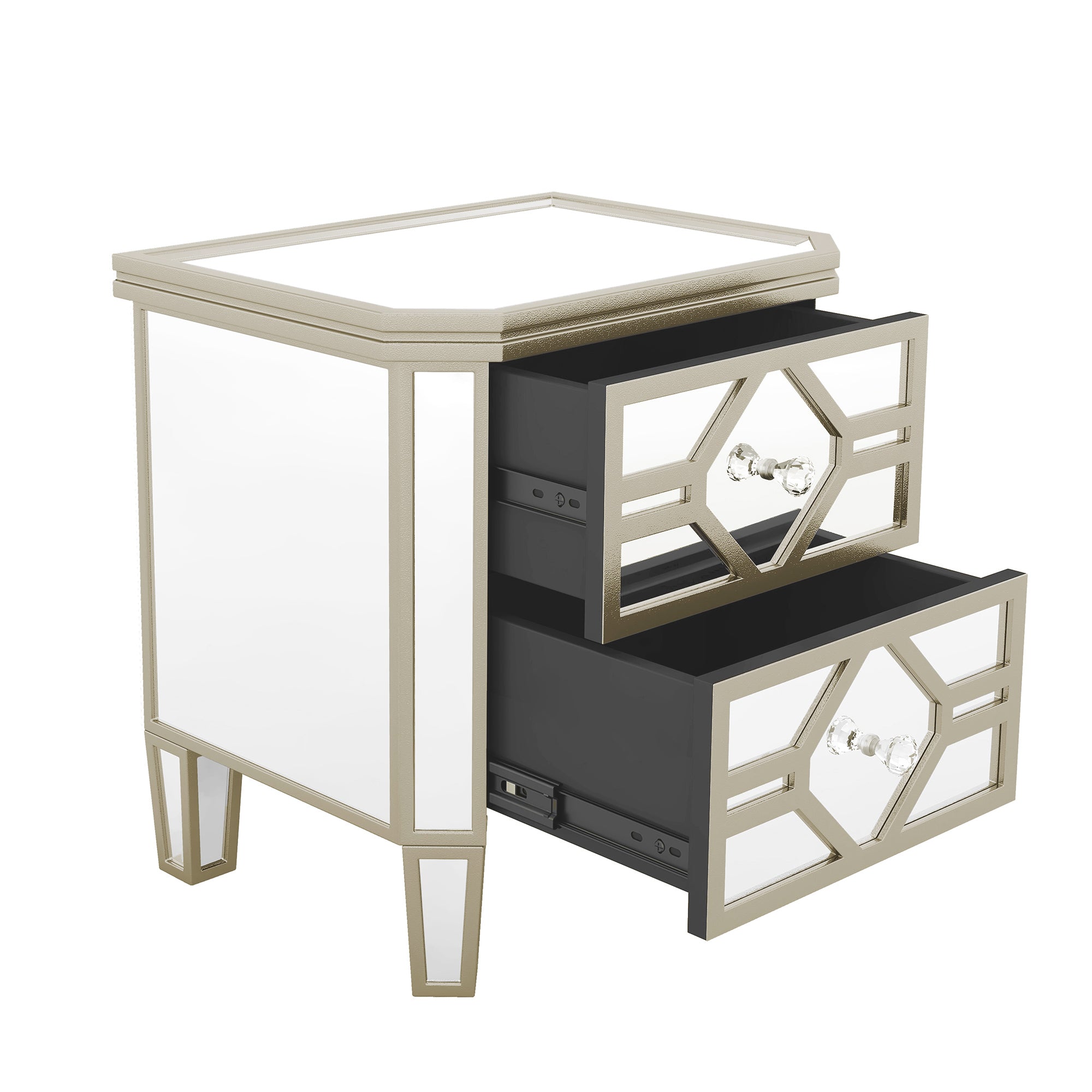 2-Drawer Glass Nightstand in Silver with Golden Lines